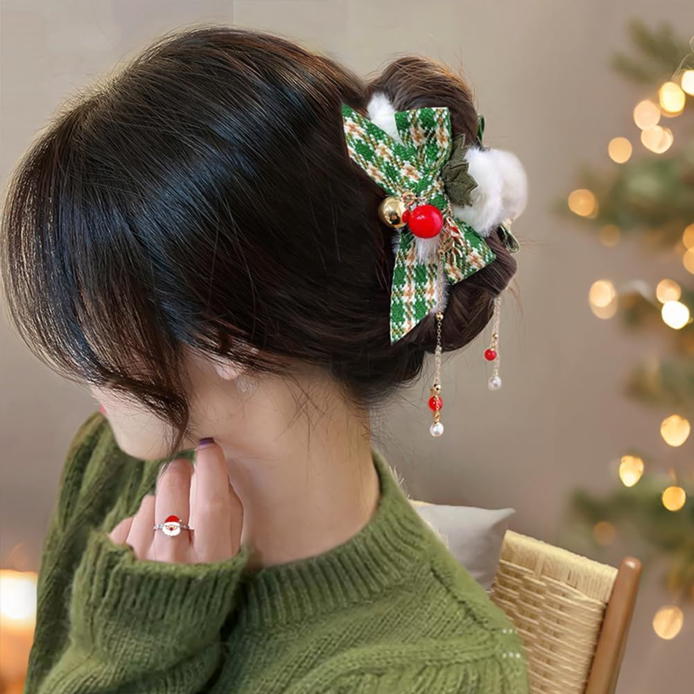 2 PACK Plush Hair Claw Clips with Tassels, Xmas Plaid Bows Hairpins Nonslip Claw Clip with Bells for Women Christmas Hair Claws image number 1