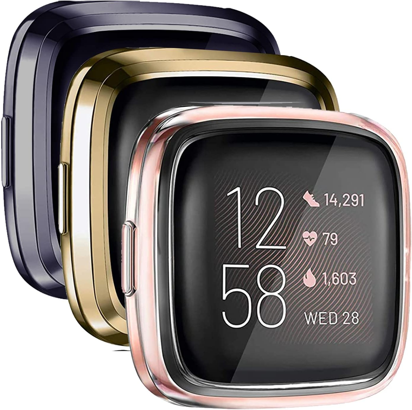 Mugust [6 Pack] Screen Protector Compatible with Fitbit Versa 2 Case, TPU Plated Full around Protective Case Cover (Black, Space Gray, Silver, Rose Gold, Rose Pink, Clear)