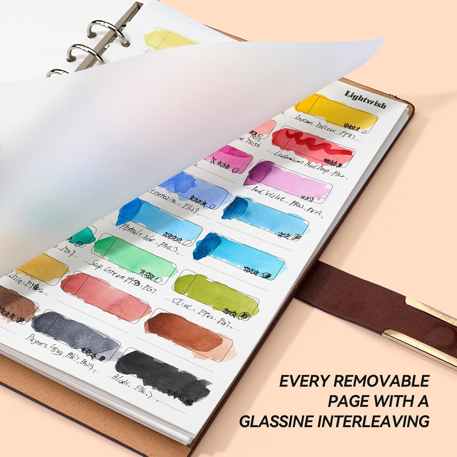 LIGHTWISH Watercolor Swatch Book - 20 Detachable 100% Cotton Sheets 24 Spaces,5.5 * 7.8 In,300Gsm/140Lb Hot Press for Watercolor, Gouache, Oil Pastels - Spiral-Bound Color Testing Journal image number 5