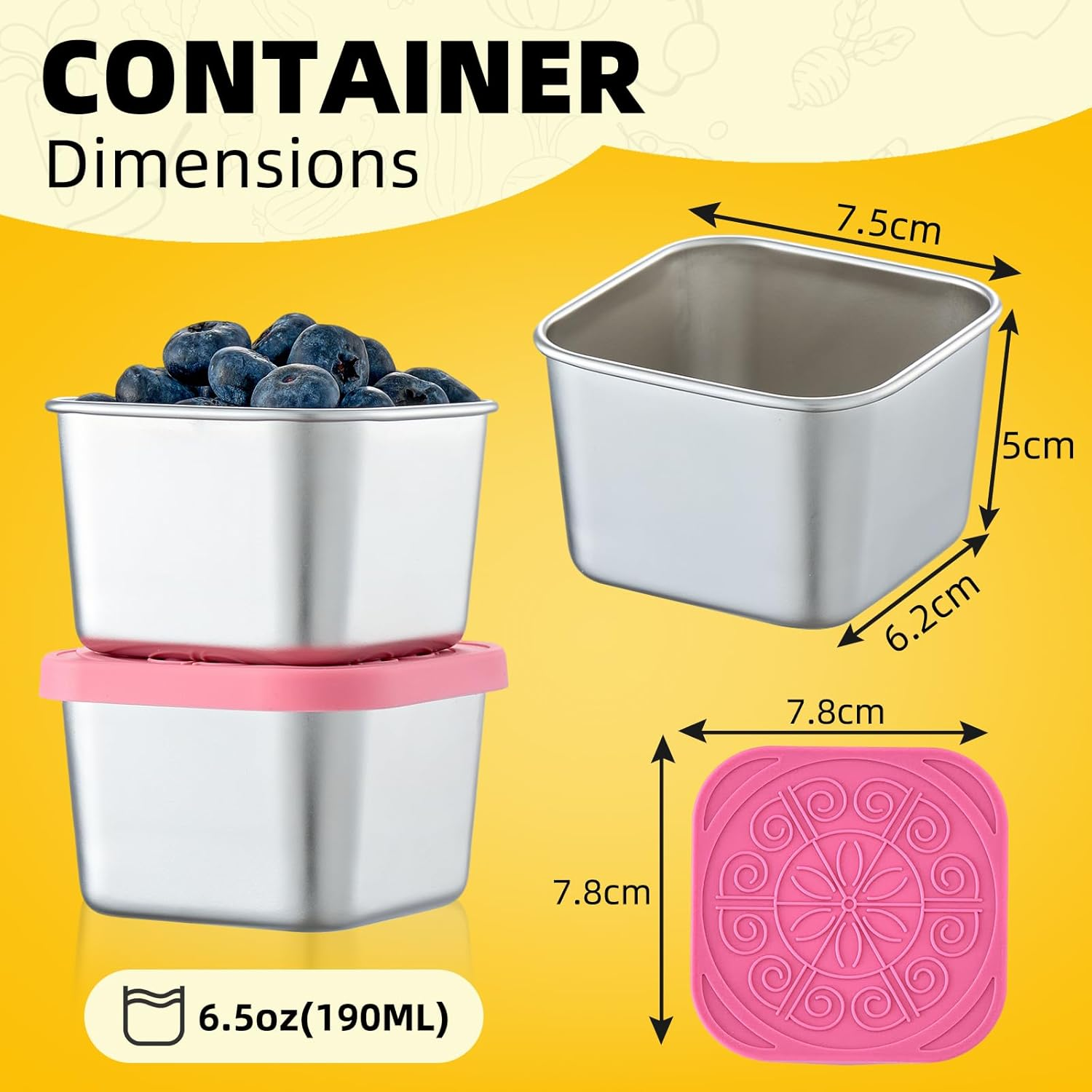 Feshory 6 Pack (190Ml/6.5Oz) Stainless Steel Snack Containers with Silicone Lid - Reusable Salad Dressing Sauce Container, Divided Snackle Box for Storing Nuts, Fruits, Snacks, Dips image number 4