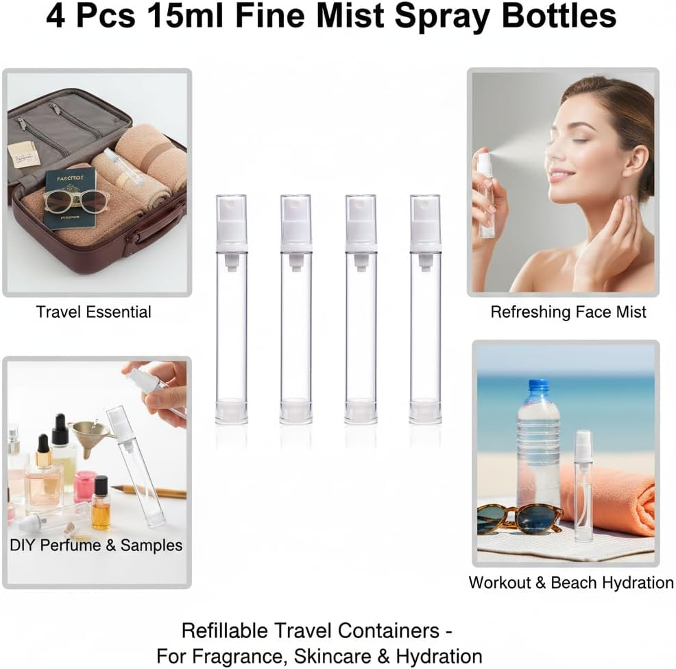 4 Pcs 15Ml Fine Mist Spray Bottles, Refillable Clear Plastic Perfume Atomizers, Portable Travel Small Sample Containers for Fragrance and Skincare image number 4