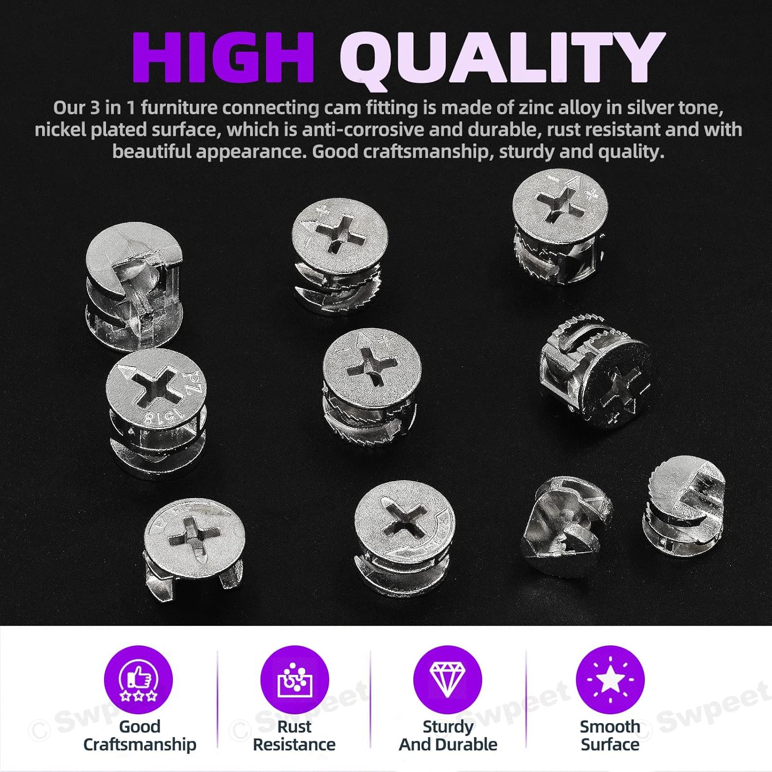 Swpeet 100Pcs 4 Sizes 3 in 1 Furniture Connecting Cam Lock Fittings Assortment Kit, Fastener Cabinet Connectors Hardware Bolts Furniture Connecting Lock Nut for Closets Bed Furniture Connecting image number 4