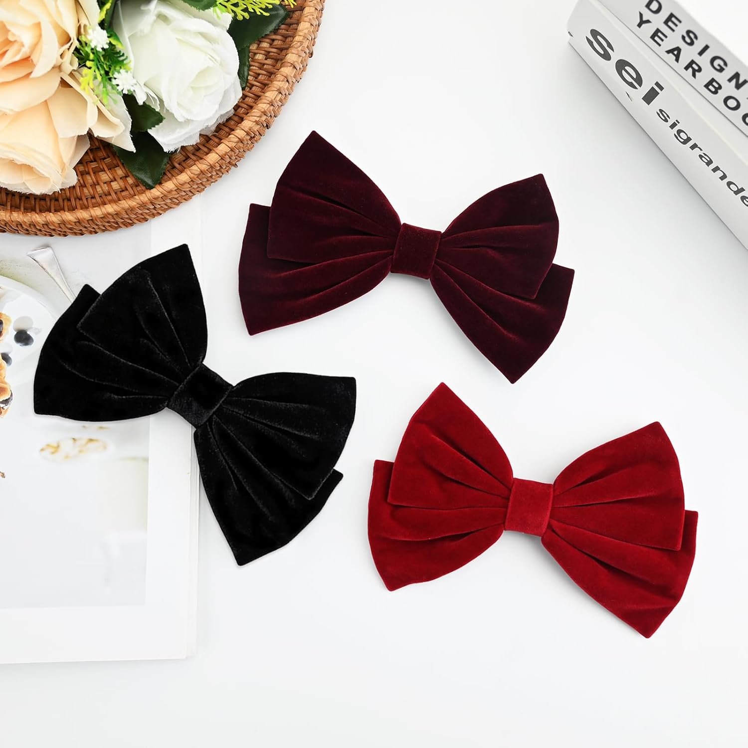 3 Pieces Velvet Bow Hair Clips, Vintage Hair Bows Barrettes Solid Color, Velvet Ribbon Bowknot French Barrettes Hair Accessorieshair Styling Clips for Girls Women (Red, Burgundy, Black) image number 1