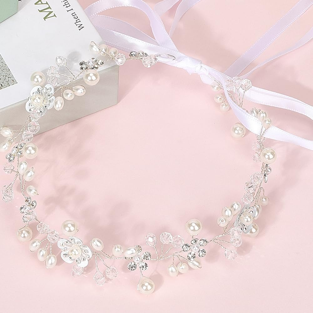 CABODYALS White Flower Pearls Hair Crown Silver Beads Vines Headpiece Vintage Boho Fairy Beads Headband Crystal Bridal Jewellery Headbands for Women Wedding Hair Dresses Birthday Party Accessories image number 5