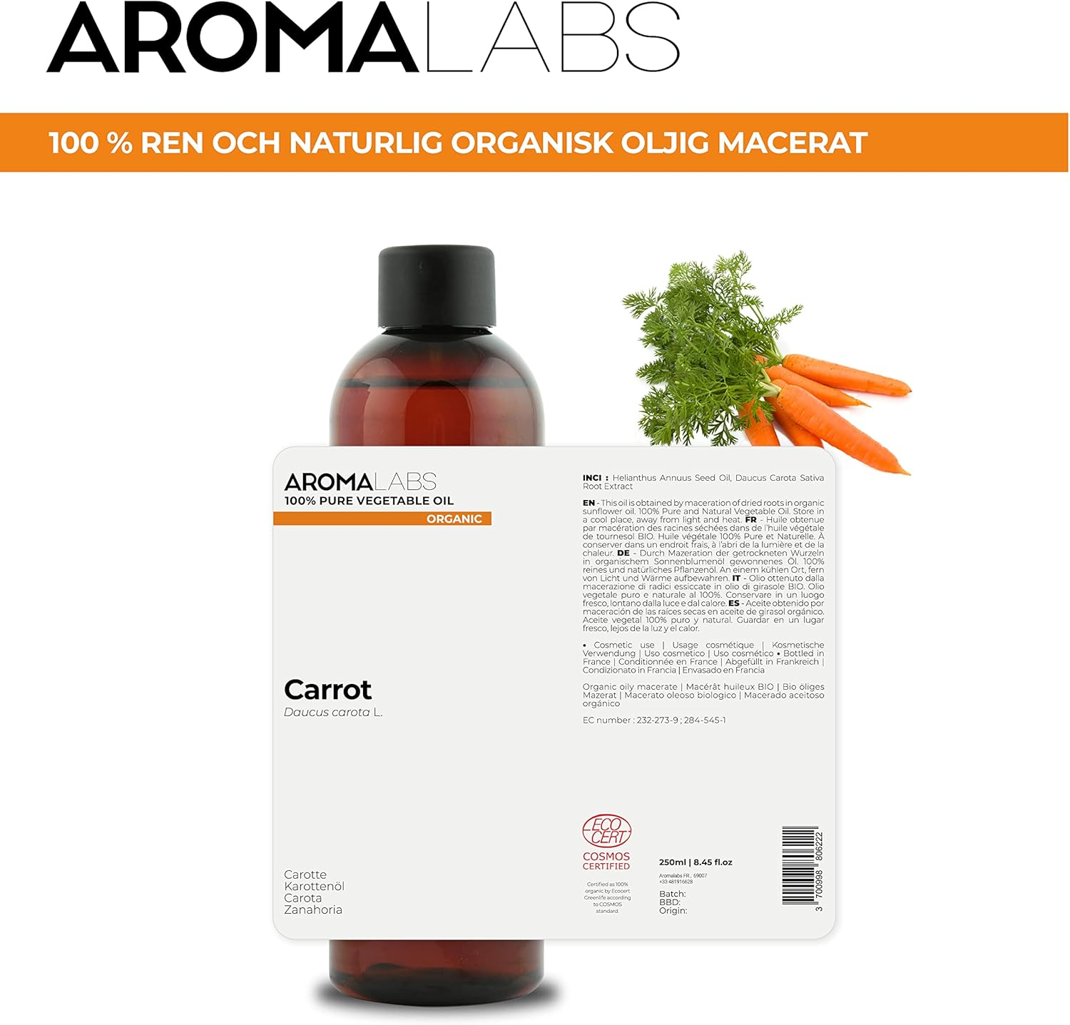 100% Organic Carrot Infused Oil - 250Ml - Pure, Natural, from Organic Farming - Aroma Labs