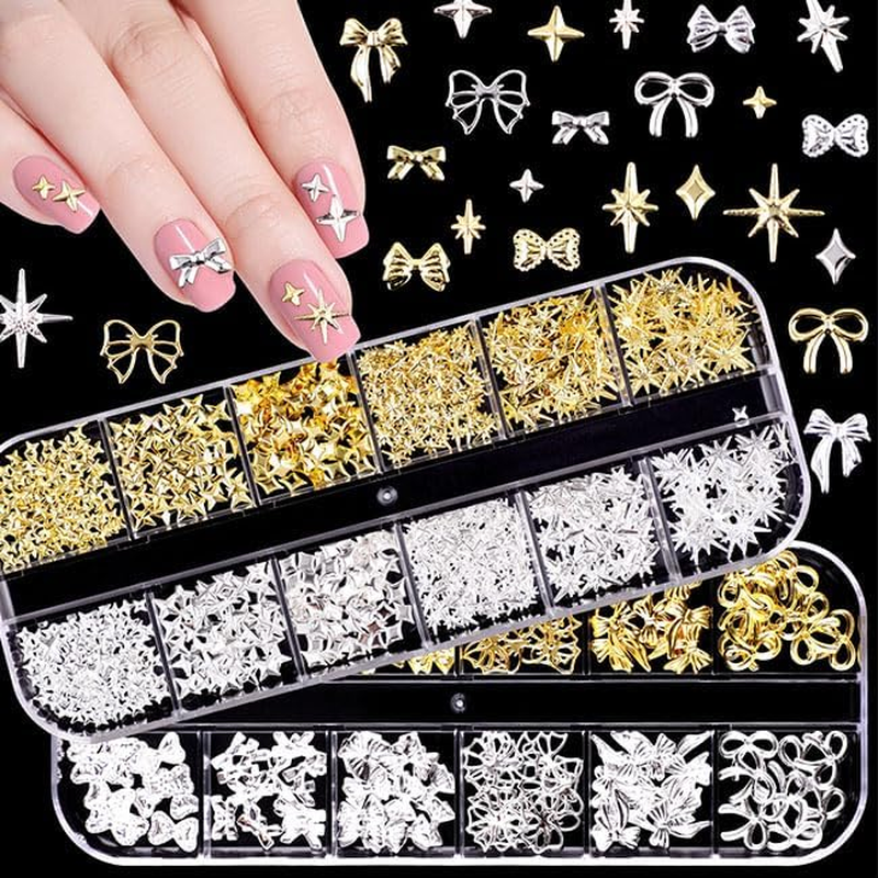 Limcryspp 2-Pack 3D Nail Accessory Set - Gold and Silver Bow, Star Rivet Metal Nail Decoration, Suitable for Nail Plates, Fashionable Nail Design Accessories image number 1