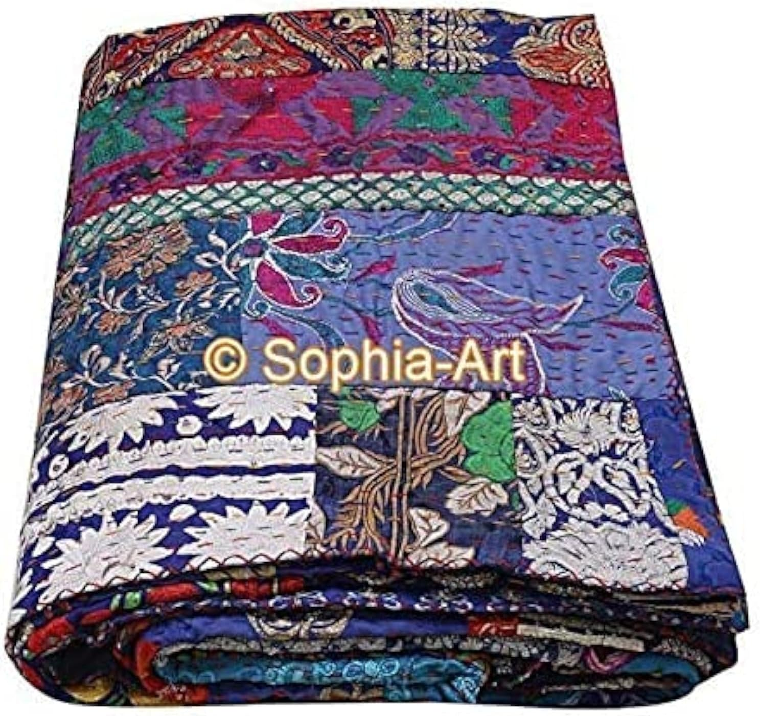 Handmade Vintage Khambadiya Print Hand Jari Patchwork King/Twin Size Embroidery Kantha Quilt Home Decorative Kantha Bedspread Indian Blanket Coverlet Art