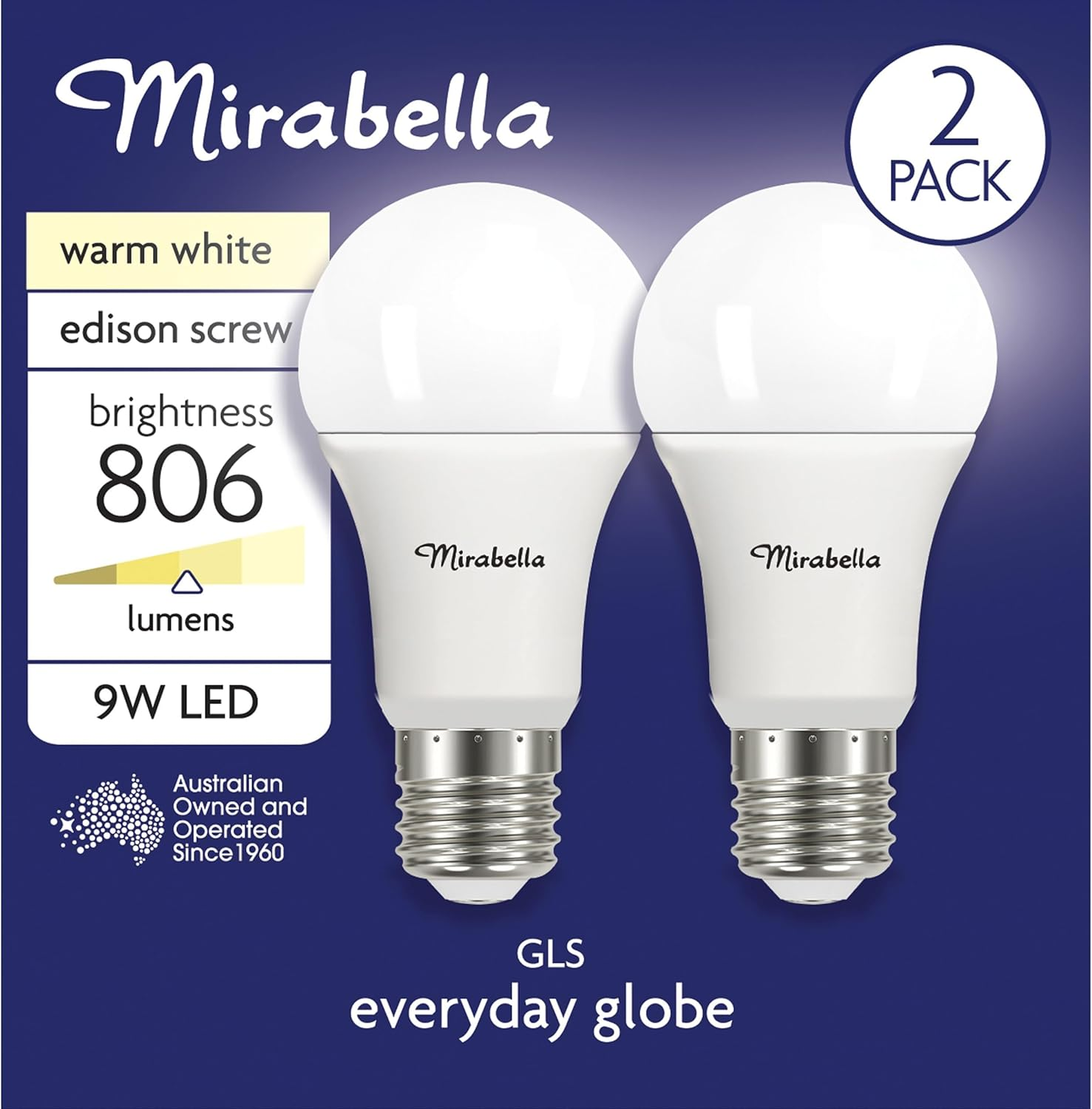 Mirabella LED 2PK GLS ES 9W 806Lum 2700K Warm White image number 3