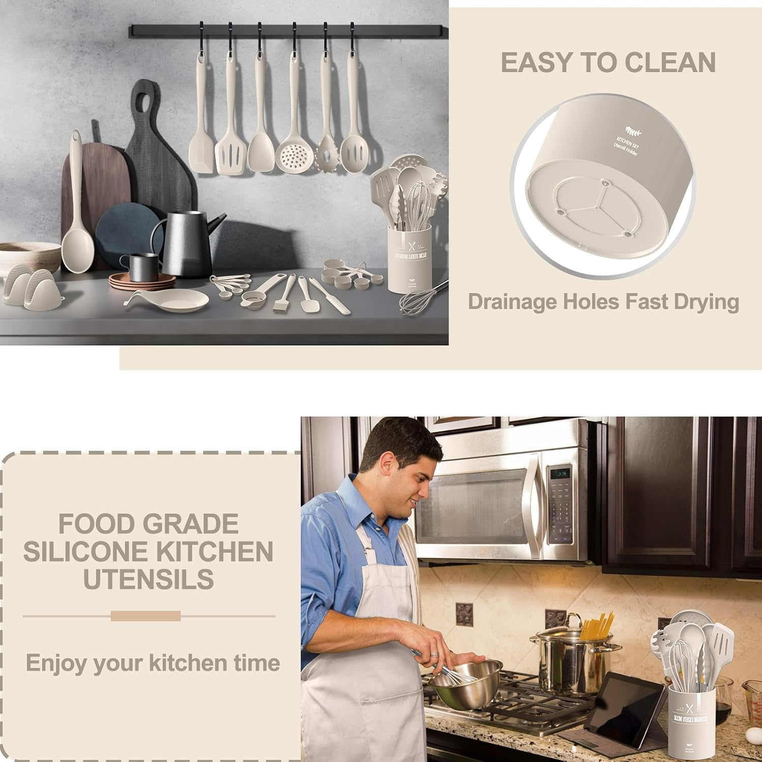 Silicone Kitchen Cooking Utensils Set, AIKKIL 43 Pcs Heat Resistant Khaki Cooking Utensils Set, Turner, Tongs, Spoon, Spatula, Kitchen Gadgets Tools Set for Nonstick Cookware(Dishwasher, BPA Free) - Pink image number 3