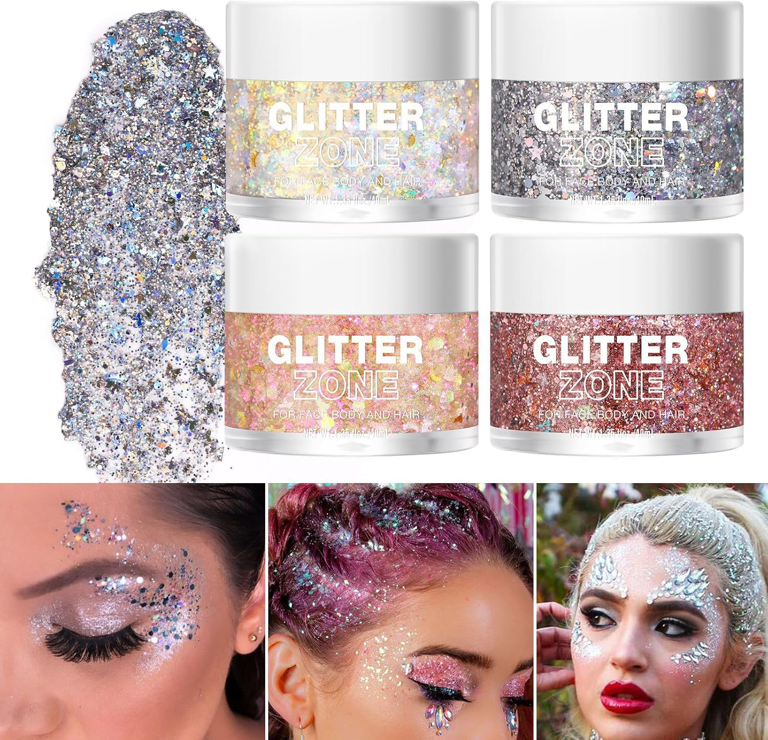 MKNZOME Body & Face Glitter Gel, Holographic Mermaid Sequins Glitter, Festival Chunky Cosmetic Glitter Gel for Face Eye Body Hair, Long Lasting Sparkling Waterproof Resin Glitters Flakes for Festival image number 1