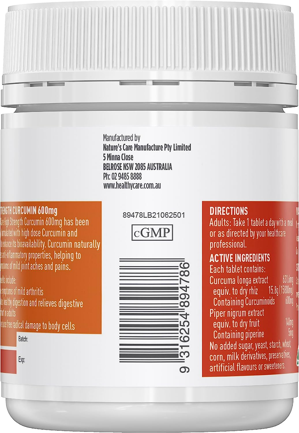 Healthy Care High Strength Curcumin Tablets - Premium Dietary Supplement for Antioxidant Support - Supports Joint and Digestive Health - Natural Curcumin - 600Mg - 60 Tablets image number 3