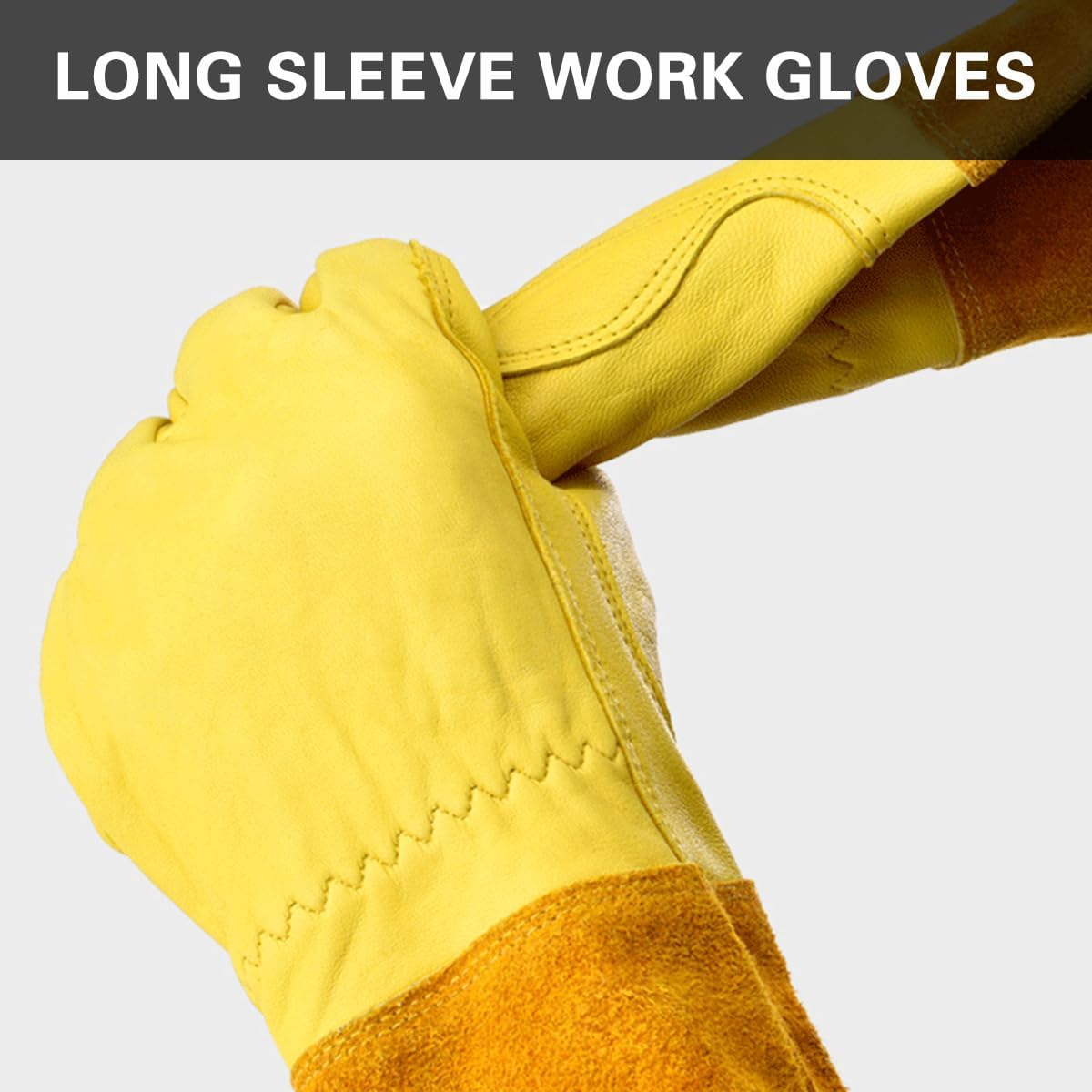 AIMALL Long Cowhide Gardening Gloves with Extended Cuffs, Heat Resistant Anti-Puncture Non-Slip Gloves for Pruning, Flower Arranging, Cattle Work, Size S&ndash;XL, Yellow image number 3