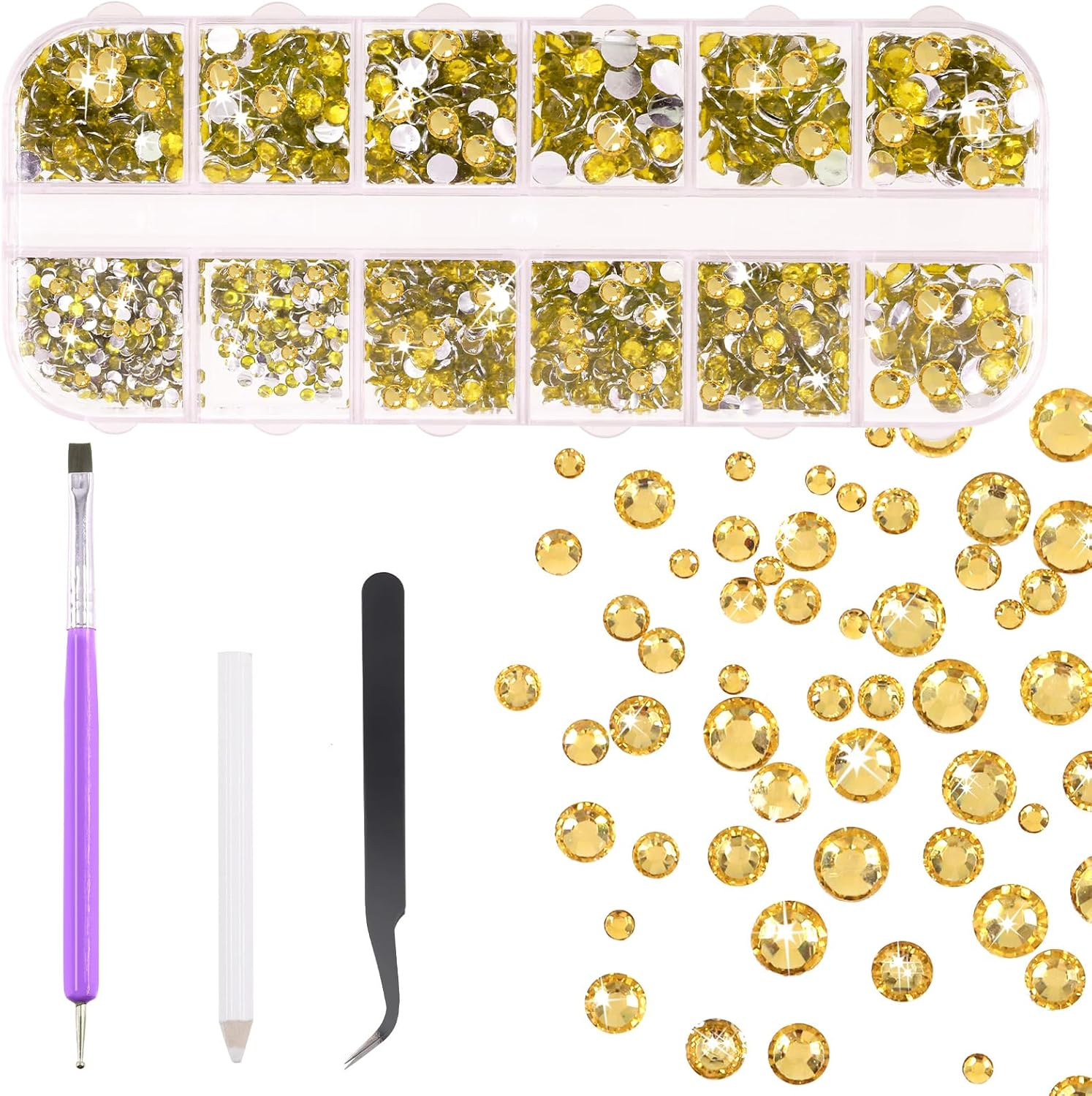 Tanstic 2606Pcs Flat Back Gems Rhinestones Kit, 2/3/4/5Mm Yellow Crystal Rhinestones with B7000 Glue, Tweezer, Picker Pen Dotting Tool for Nail Clothes Shoes Bags DIY Art - Clear image number 2