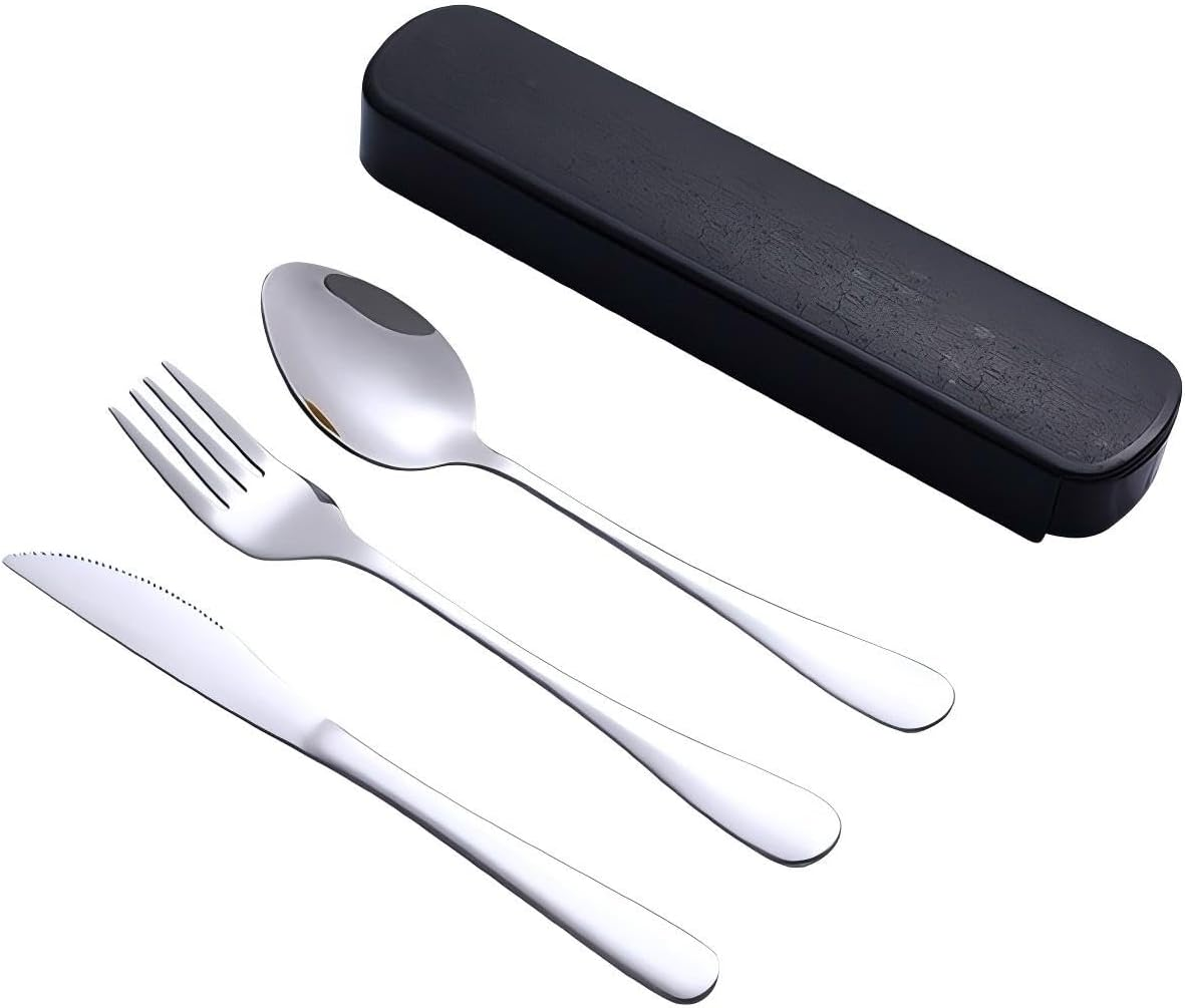 Tongke Portable Stainless Steel Cutlery Set with Storage Case - Durable Travel Utensils for Hiking, Office, Picnic (Knife, Spoon, Fork) - Dishwasher Safe & Compact Outdoor Eating Kit (Black)