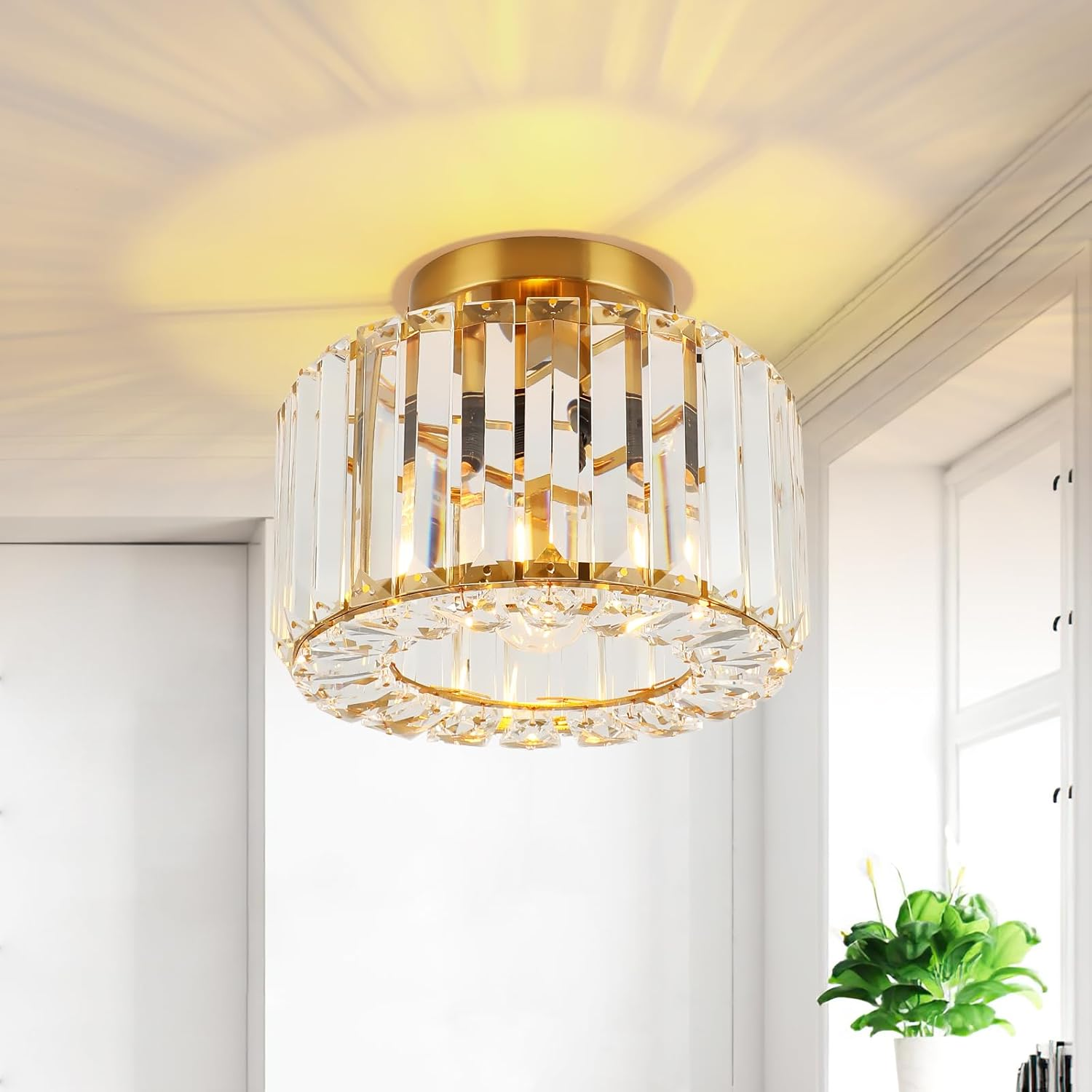 FORCOSO Crystal Ceiling Light Diameter 23 Cm, Chandelier Gold with Metal Frame Lampshade, Base E27 Ceiling Light, Modern Lamp for Bedroom, Living Room, Hallway, Kitchen, Dining Room image number 4