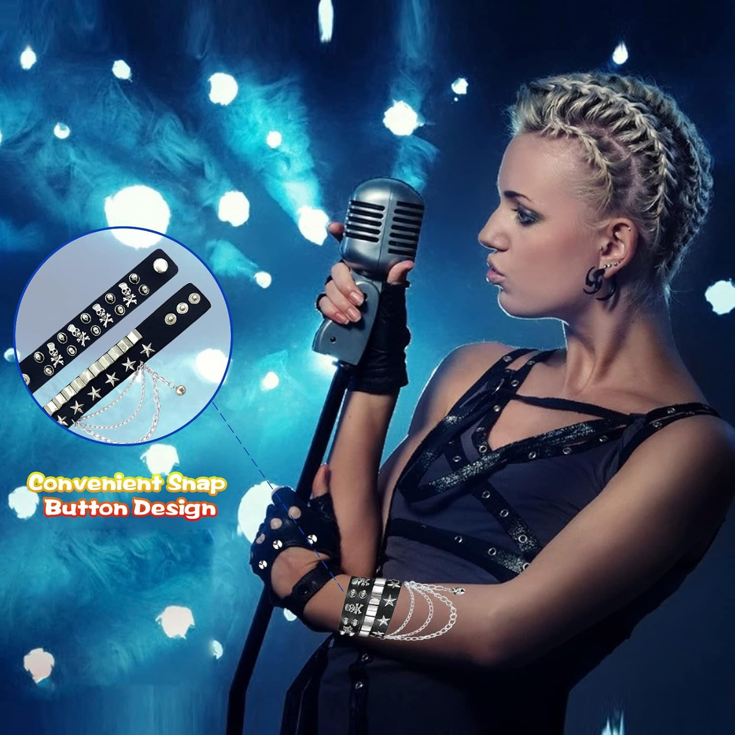 11Pcs Punk Gothic Rocker Costume Set, Rock Heavy Metal Accessories with Retro Sunglasses Gloves Bandana Fake Tattoo Sleeves Bracelet Rings Inflatable Guitar for Women Men Halloween 80S Disco Party image number 4