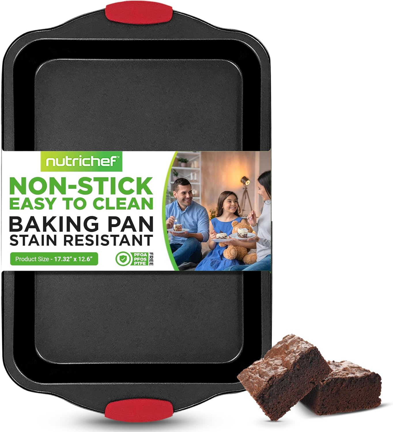 Nutrichef Extra Large Nonstick Baking Pan - Carbon Steel Roasting Tray W/Red Silicone Handles - Premium Bakeware for Brownies, Sheet Cake, & More - 17" X 12", Black
