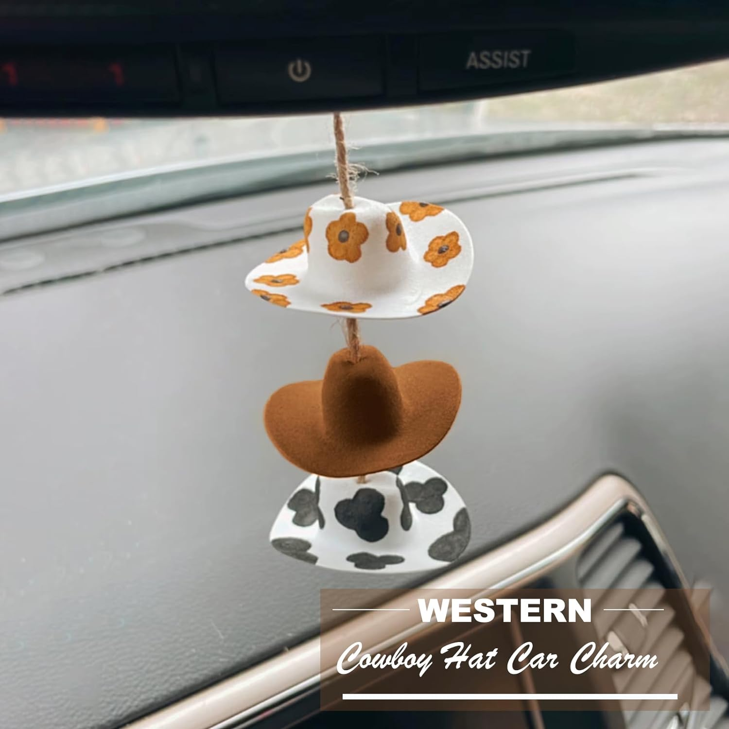 Cowboy Hat Car Charm,Country Rear View Mirror Hanging Accessories,Sunflower Cowgirl Hat Cow Print Car Decor,Cute Handmade Felt Mini Hat Ornament Pendent for Women Girls (Flower) image number 4