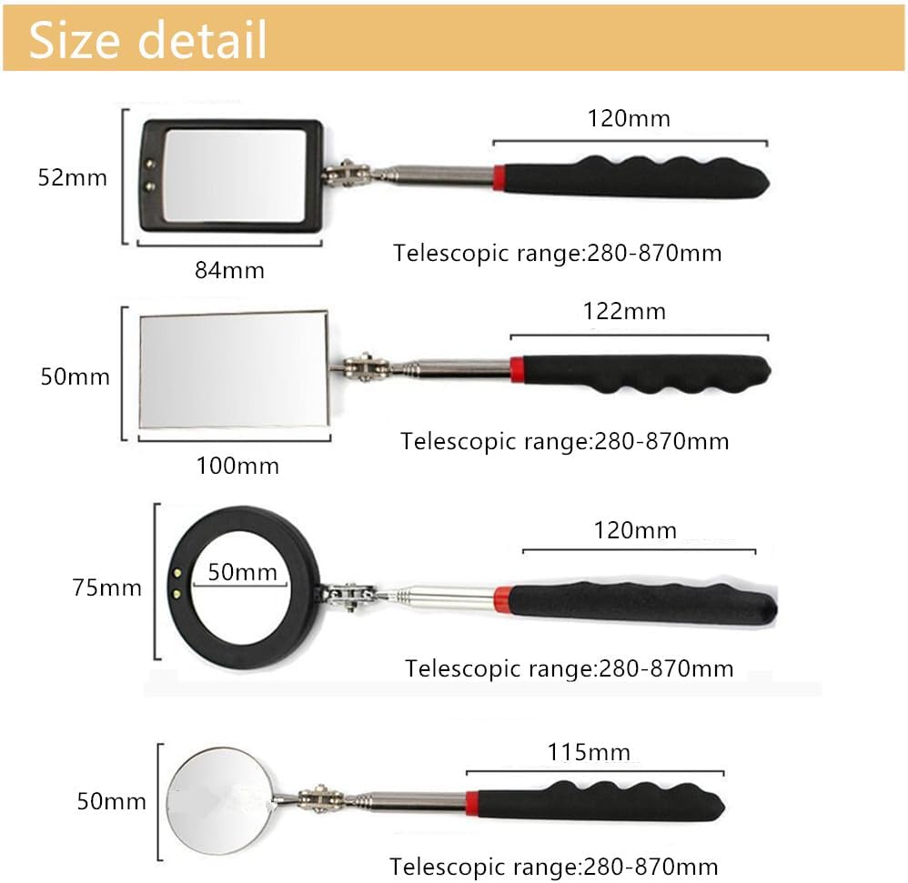 4 Pcs Retractable Mechanics Mirror Kit, LED Lighted Flexible Inspection Mirrors, Extendable Mirror Inspection Tool for Checking Vehicle Small Parts image number 1