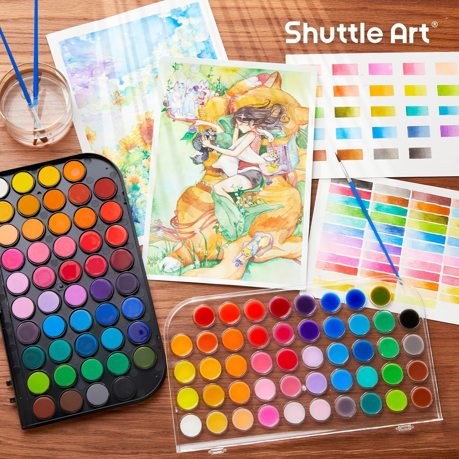 Shuttle Art 48 Colours Watercolour Paints, Watercolour Paint Set with 3 Paint Brushes Easy to Blend Colors, Non-Toxic Perfect for Kids Adults Beginners Artist Watercolour Painting image number 4