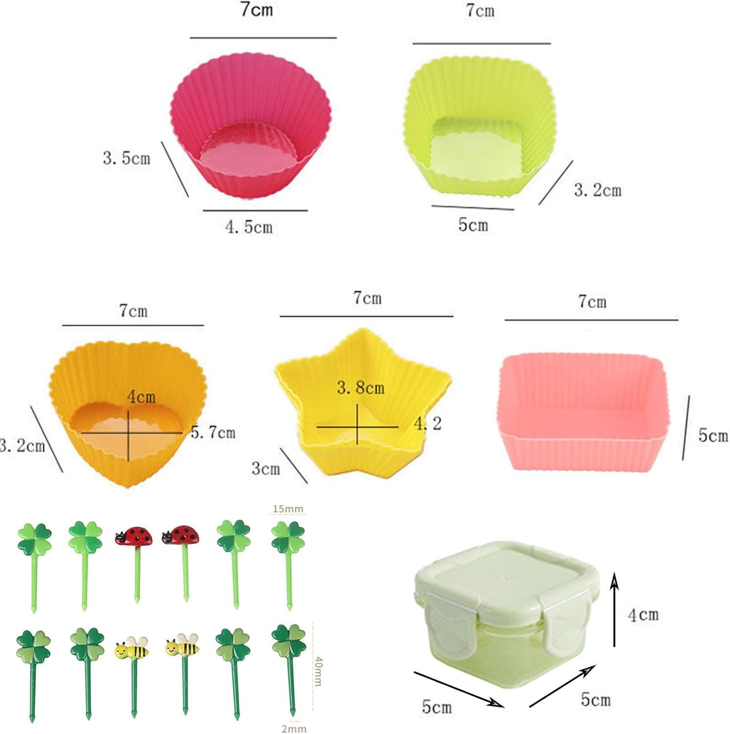 Silicone Cupcake Liners,50 Muffin Liners with 12 Food Picks for Kids and 2 Salad Dressing Container,5 Shapes Lunch Box Bento Dividers for Bento Box Accessories,Baking image number 4