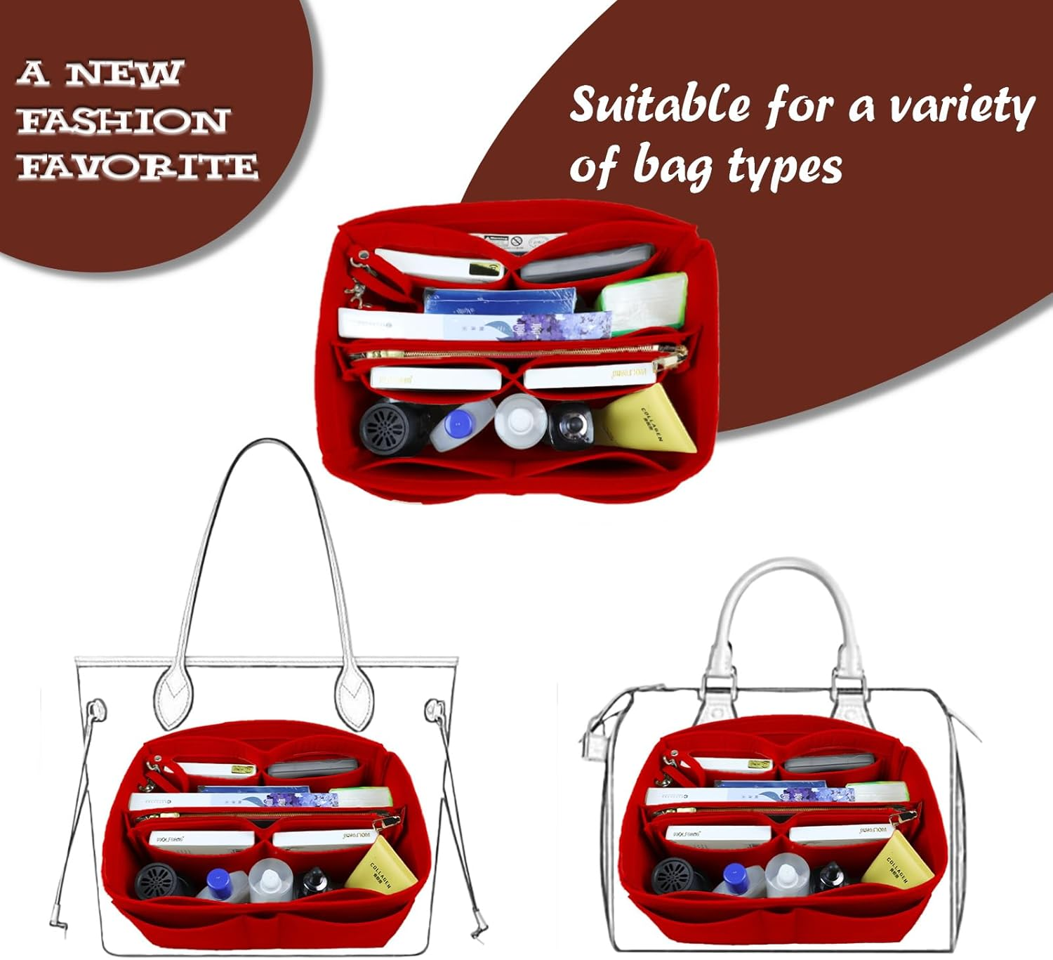 Lckaey Handbag Organizer for Speedy 25 Organizer Insert Tote Bag and Hand Bag Organizer Insert Y095Crimson-M image number 2