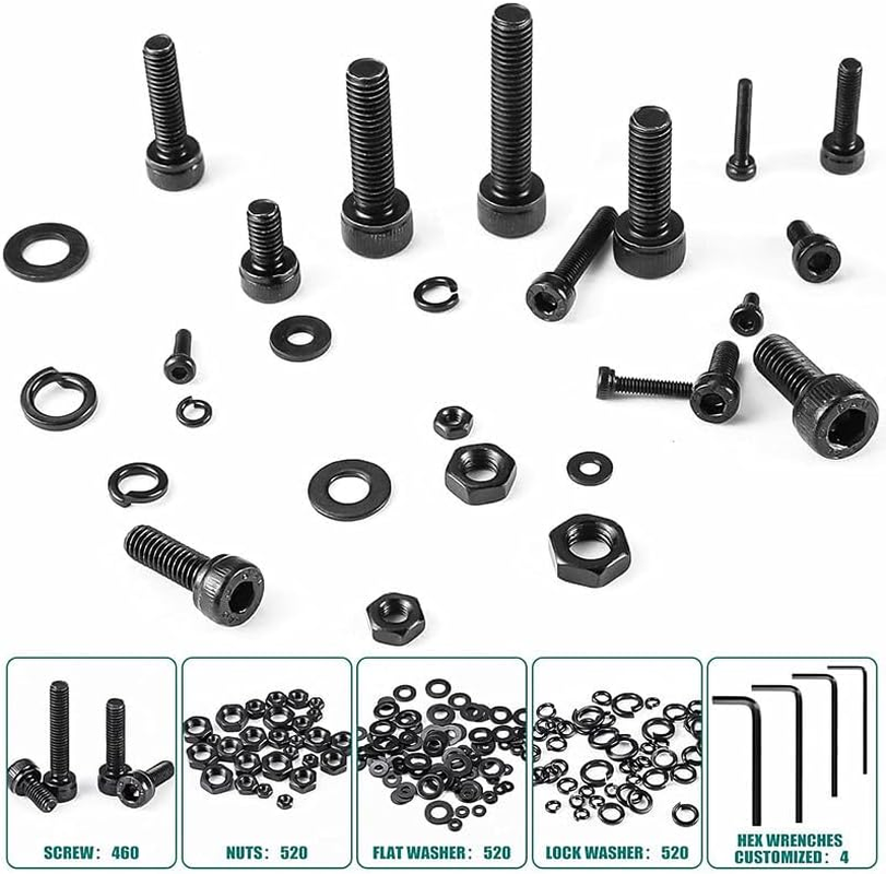 KUGONTC Metric Screw Assortment, 2020PCS Metric Bolt Assortment Kit M2 M3 M4 M5 Machine Screws with Lock & Flat Washers, Grade 10.9 Alloy Steel Hex Socket Button Head Black Screws Nuts and Bolts Kit image number 4