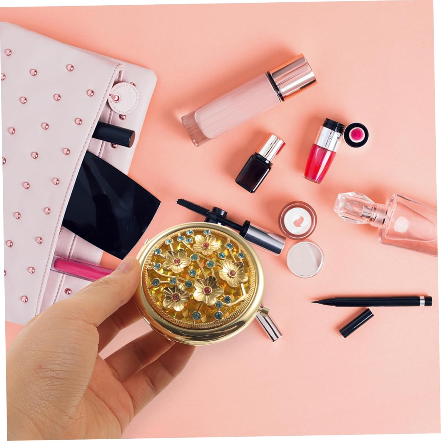 FOMIYES Retro Gold Makeup Mirror Compact Travel Mirror for Handbag Portable Handheld for Cosmetics image number 2