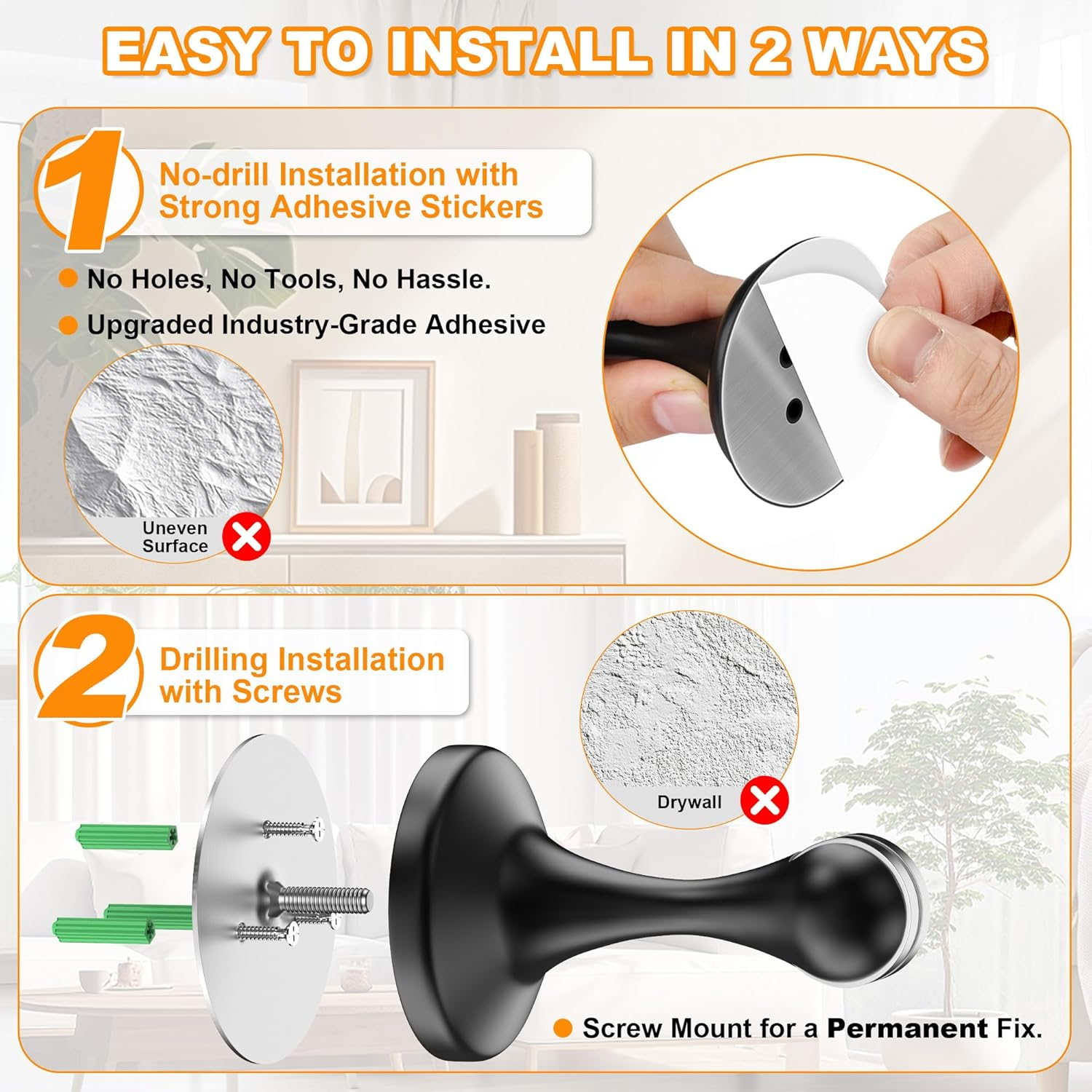 Crosize Magnetic Door Stoppers 1 Pack, Stainless Steel Door Stops for Wall and Floor Mounting, Door Holder Keep Door Open, No Drilling Door Stop with 3D Adhesive Tapes, Black image number 6