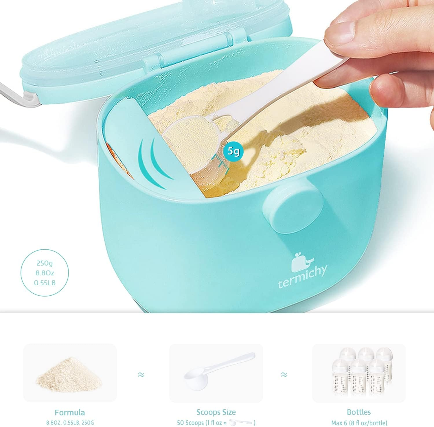 Termichy Baby Formula Dispenser, Portable Milk Powder Dispenser Container with Carry Handle and Scoop for Travel Outdoor Activities with Baby Infant, 8.8OZ, 0.55LB, 250G (Blue) - L-Light Grey image number 3