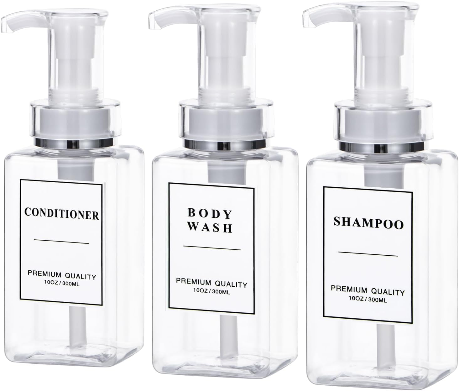 Yeeco Plastic Soap Dispenser, Clear 3 Pcs Refillable Shampoo and Conditioner Bottles, Empty Shower Bottles with Pump, Labels for Shower Bathroom Kitchen, 10Oz/300Ml image number 4