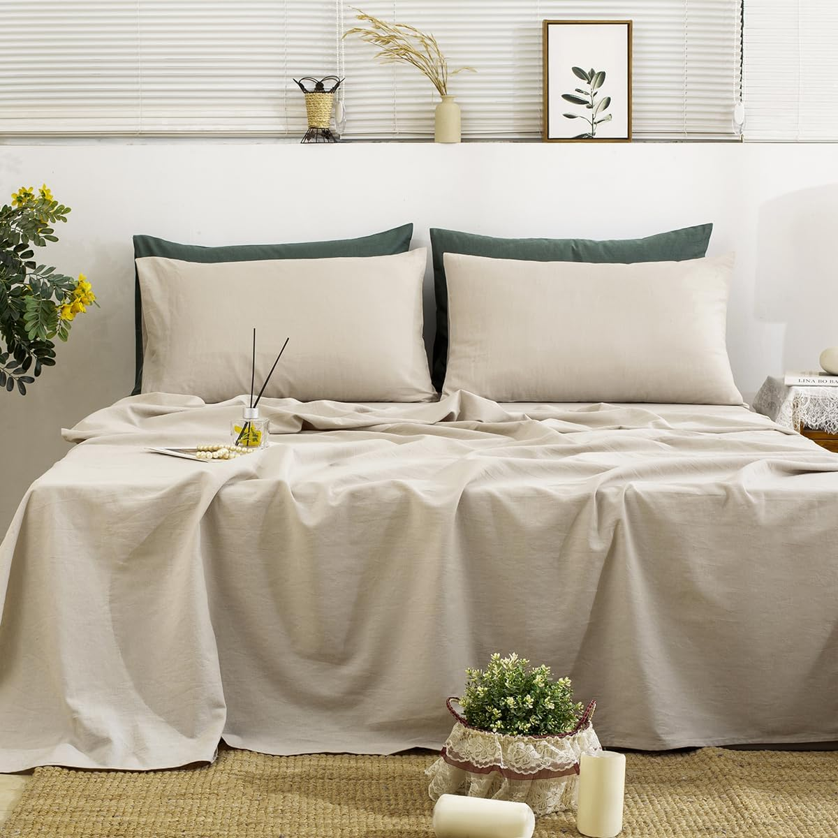 TUMEI 4 Pieces 100% Stonewashed French Linen Bedding Sheets Set, 16" Deep Pocket, 1 Fitted Sheet & 1 Flat Sheet & 2 Pillowcases, Solid Color, Soft & Comfortable (Natural Color, Queen Size)