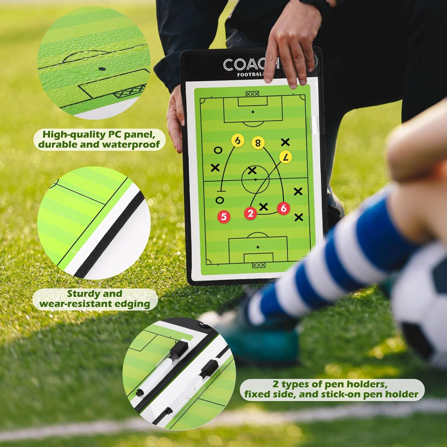 Soccer Coach Board Set，Geeric Football Coaches Tactical Board+Magnetic Number+Erasable Marker Pen Red & Black Hangable Waterproof Double-Sided Writing Coach Blackboard for Teaching,Game Plan image number 4