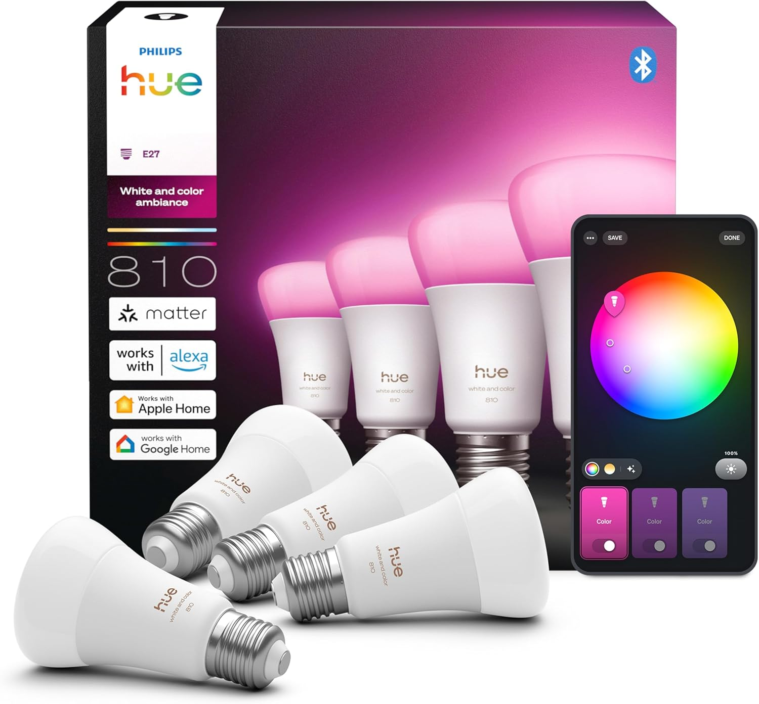 Philips Hue Smart LED A60 Bulb, White and Color Ambiance, E27 Base, 6W, Full Spectrum Light 1000K-20000K, 810 Lumens, Dimmable, Compatible with Alexa, Google Assistant, and Apple Home, 4 Pack image number 1