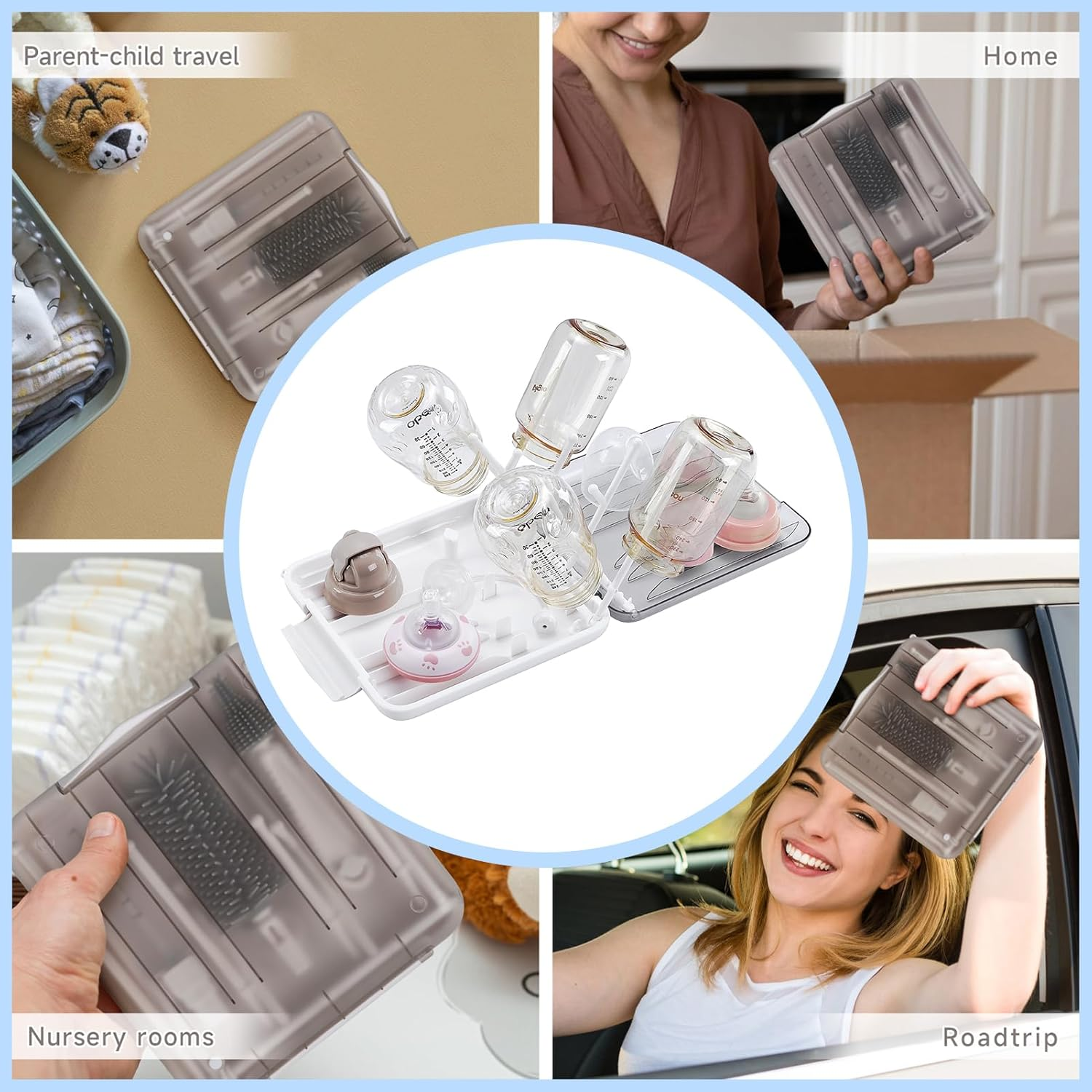 Travel Baby Bottle Cleaner Kit with Baby Bottle Drying Rack,Snap-On Extendable Silicone Baby Bottle Brush,Nipple-Shaped Brush,Straw Cleaner Brush,Baby Bottle Soap Dispenser.Pink. image number 6