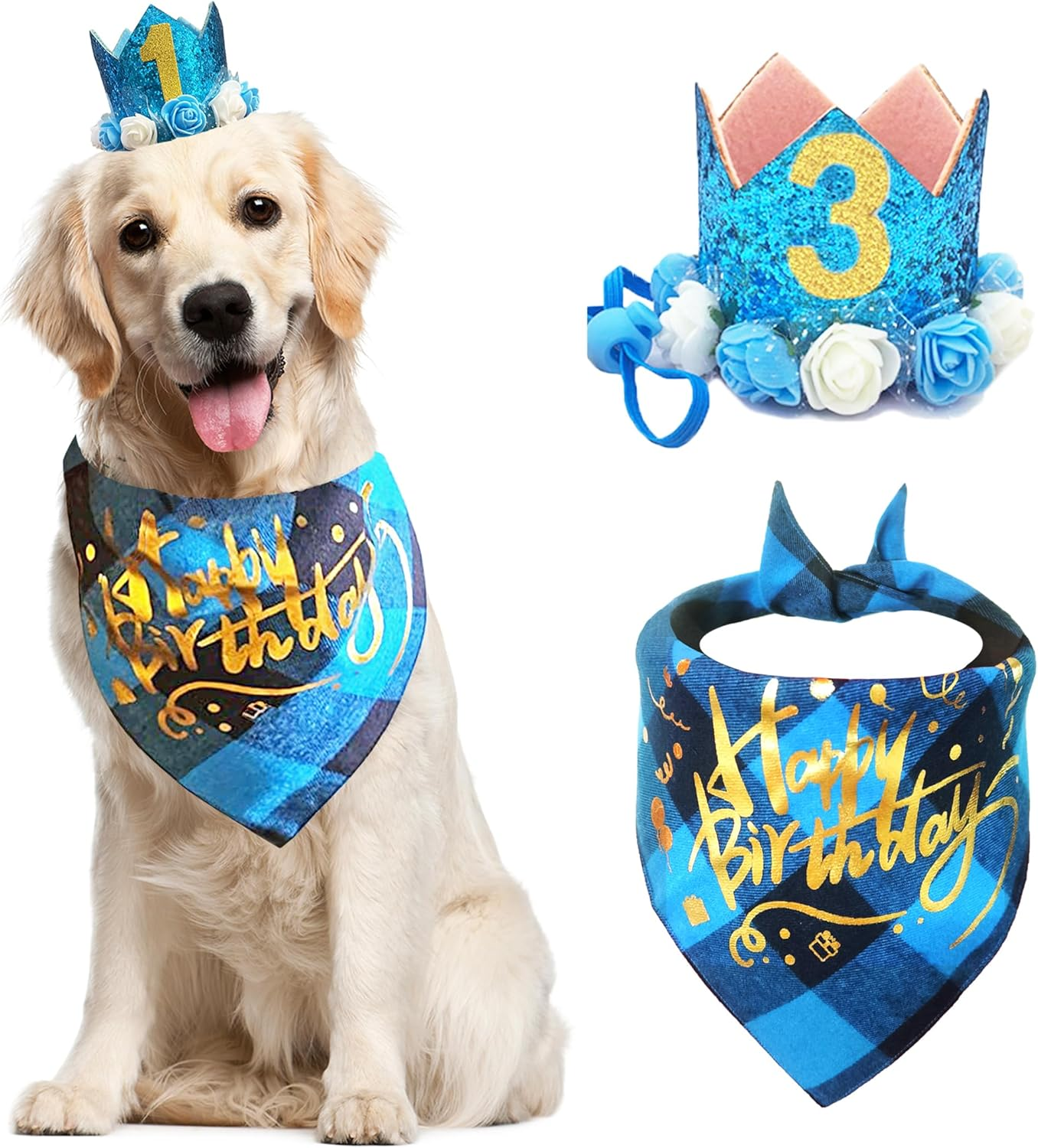 POSAPET Dog Bandana Hat Set for Birthday Party Supplies,Dog 1St Birthday Party Supplies,Dog 1St Birthday Hat Scarf Happy Birthday Banner,Dog Birthday Hat with Numbers for Small Medium Dogs Pets