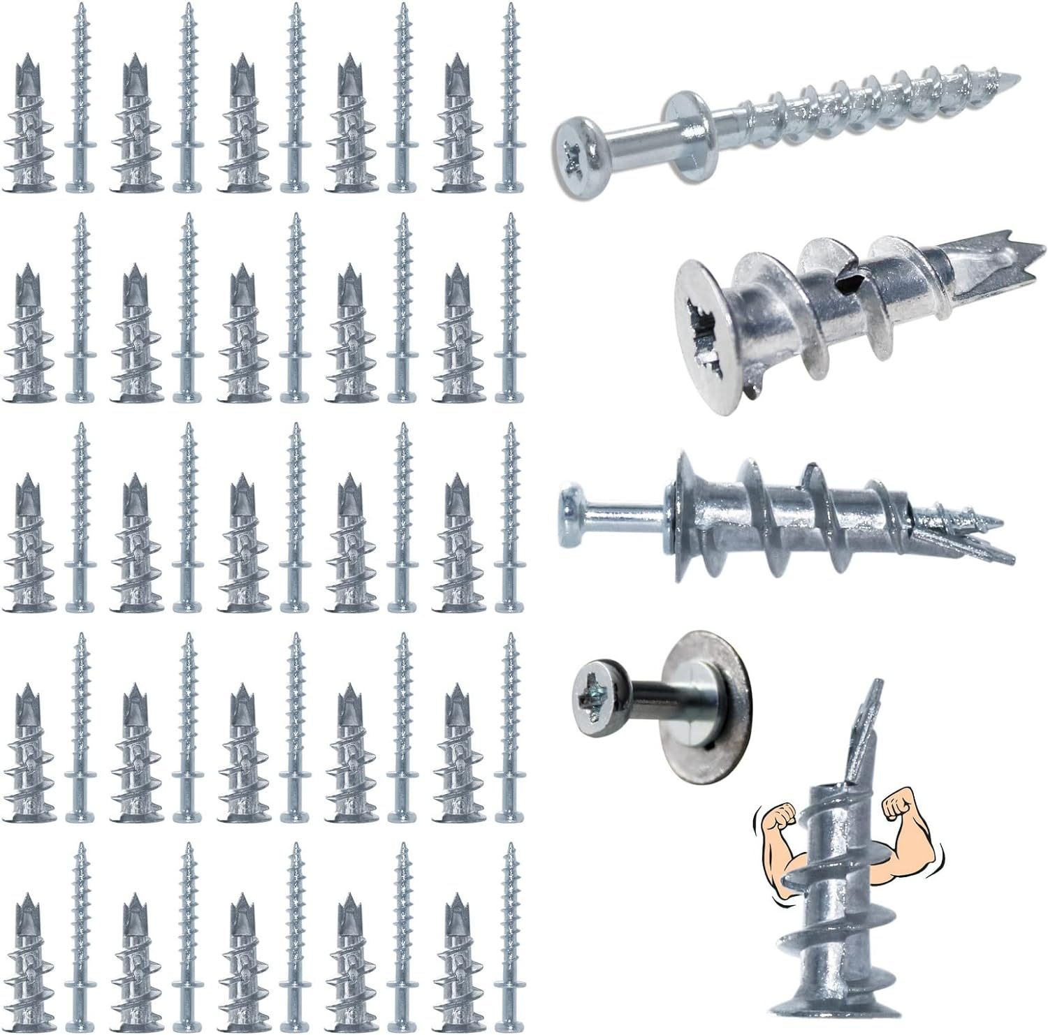 Laffeya Bear Claw Double Headed Screw & #8 Self Drilling Drywall Anchors, Picture Hangers Kit- 25 Bear Claw Screws, 25 Self-Tapping Drywall Anchors (25, Silver) image number 2