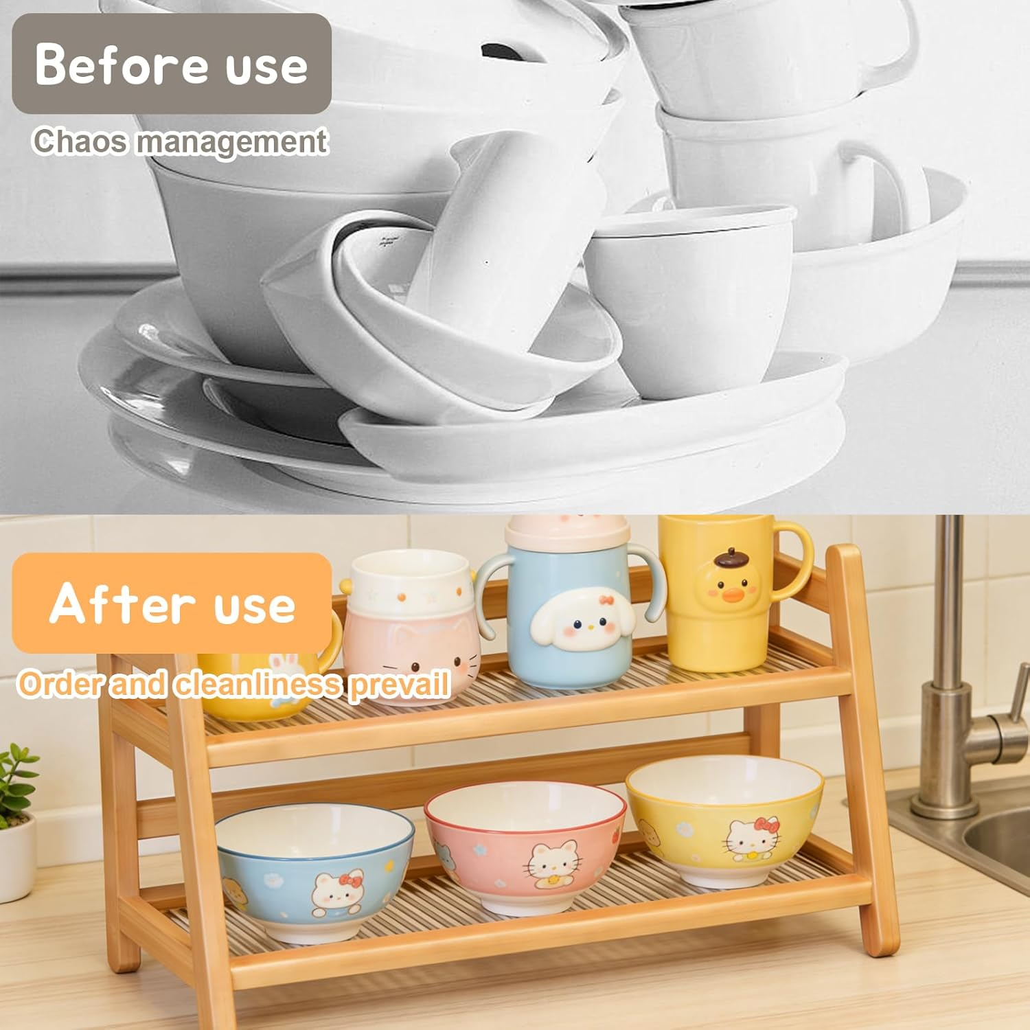 AXVRAV Cup Rack 2-Tier Bamboo Kitchen Organiser Rattan Look Coffee Cup Holder & Tea Matcha Station for Kitchen Worktop & Home Practical Cup Stand for Storage and Decoration image number 5