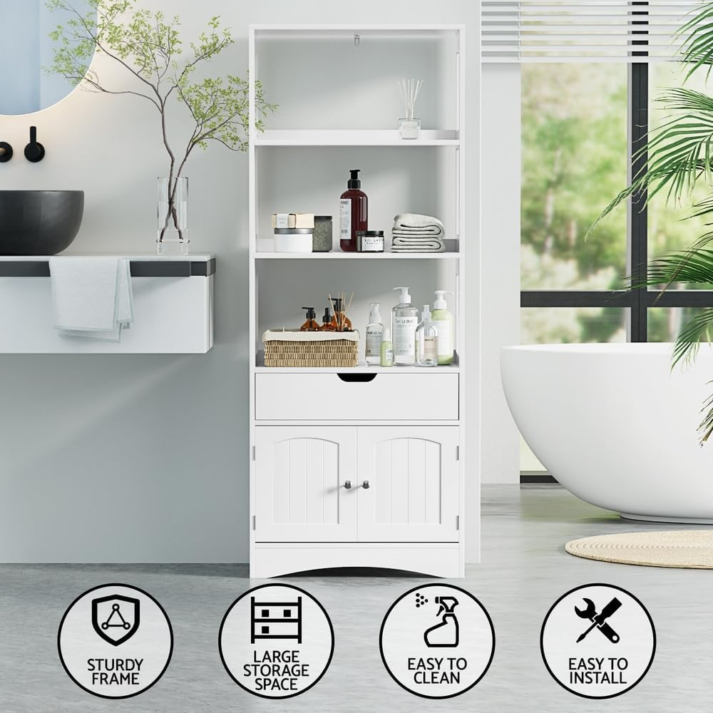 Artiss Bathroom Floor Storage Cabinet with 2 Drawers 3 Open Shelves 2 Door White image number 1