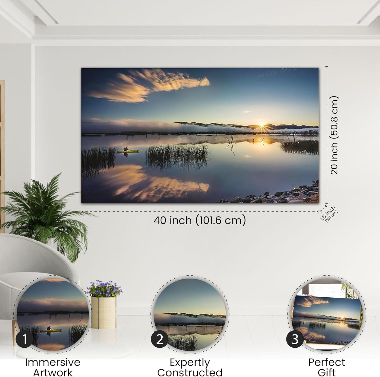 Tomuu Erissa Large Bedroom Wall Art with Tranquil Peaceful Sunrise over Lake Scene | Canvas Wall Paintings for Living Room | Large Wall Pictures for Living Room | Premium Decor | 100 X 50Cm image number 2