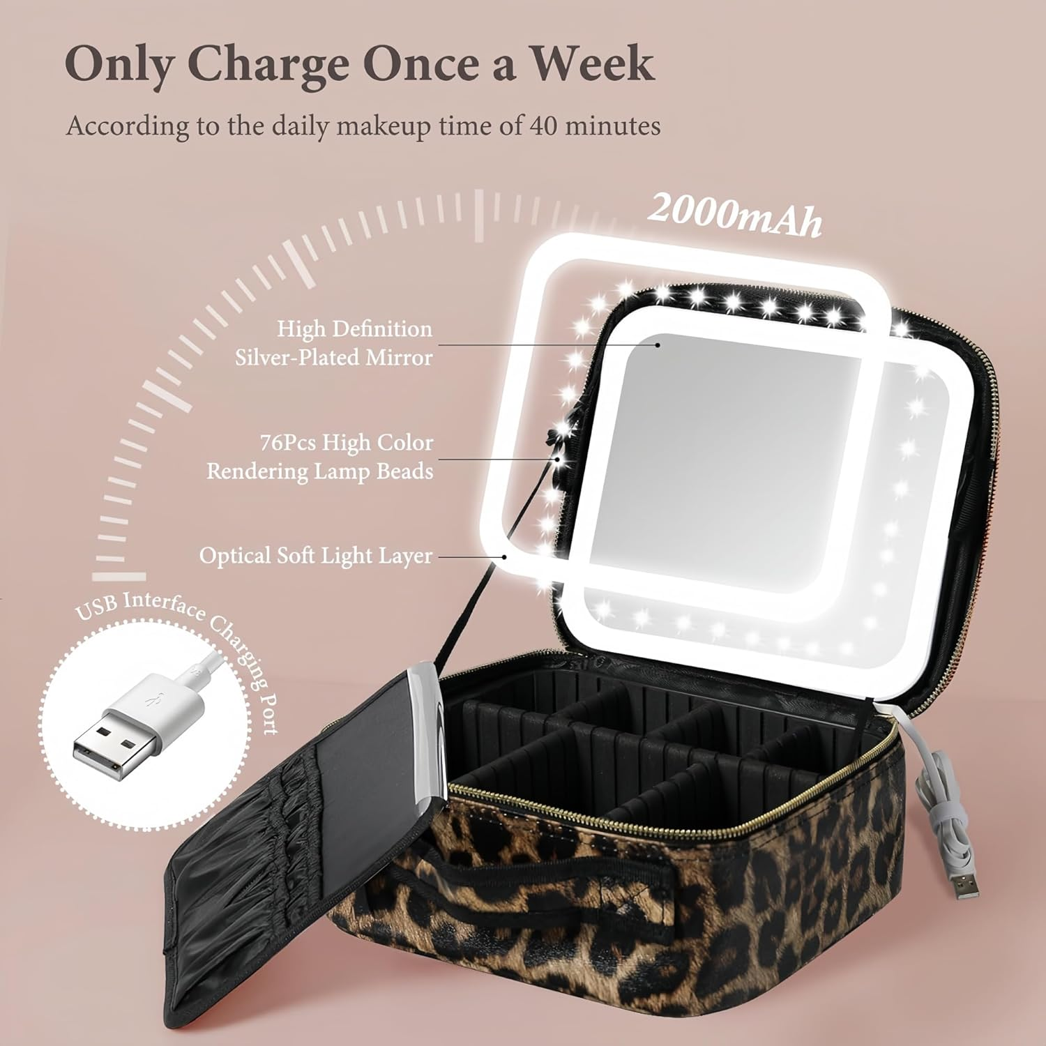 Longfng Makeup Bag with LED Light and Mirror, Large Capacity Travel Makeup Organizer, 3 Adjustable Brightness, Waterproof Portable Toiletry Bag for Women