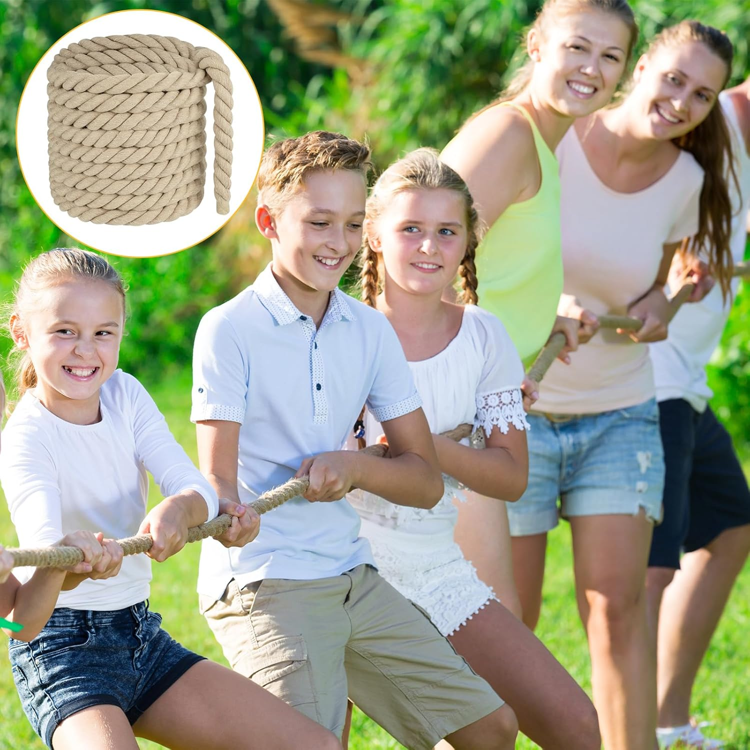 NEBURORA 20FT Tug of War Rope for Kids and Adults Outdoor Games Field Day Family Reunion Summer outside Yard Backyard Lawn Camping Picnic Carnival Party Games Khaki - Blue image number 5