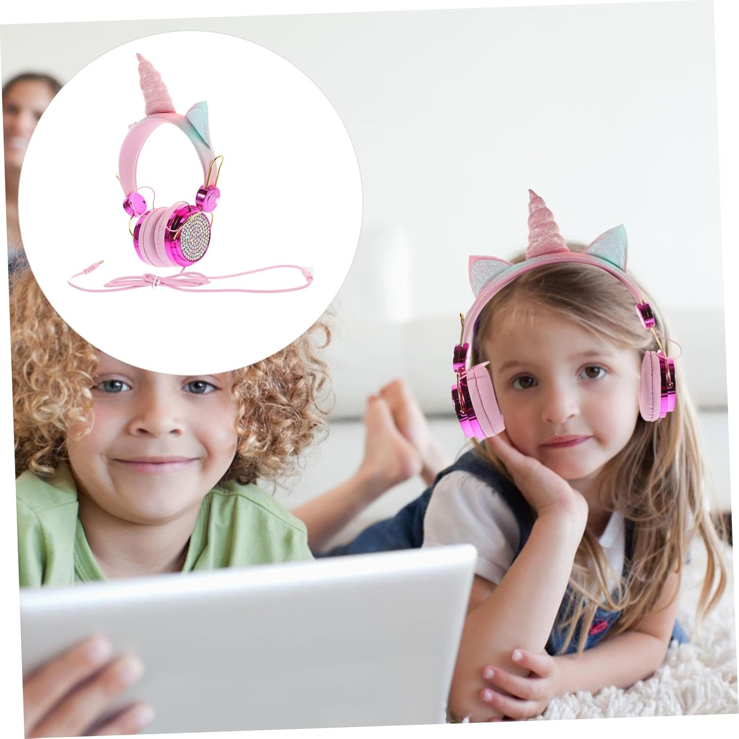 Operitacx over Ear Headphones with Mic for Laptop Phone Durable Cable Soft Comfortable Earmuffs Unicorn Rhinestone Design Wired Headset for Travel and Study Rose Gold