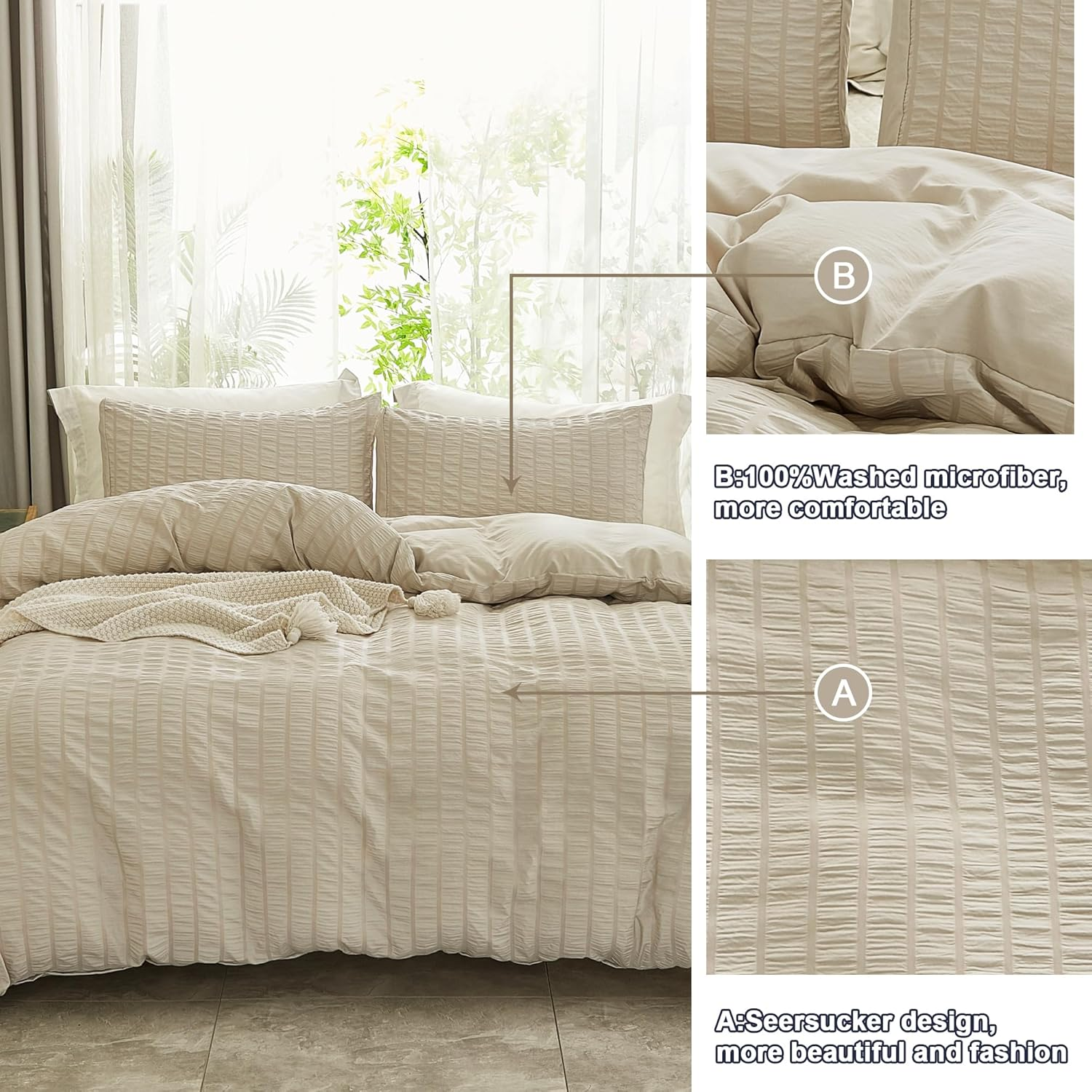 Avelom Beige Seersucker Duvet Cover Set Queen Size (90 X 90 Inches), 3 Pieces (1 Duvet Cover + 2 Pillow Cases), Ultra Soft Washed Microfiber, Textured Duvet Cover with Zipper Closure, Corner Ties