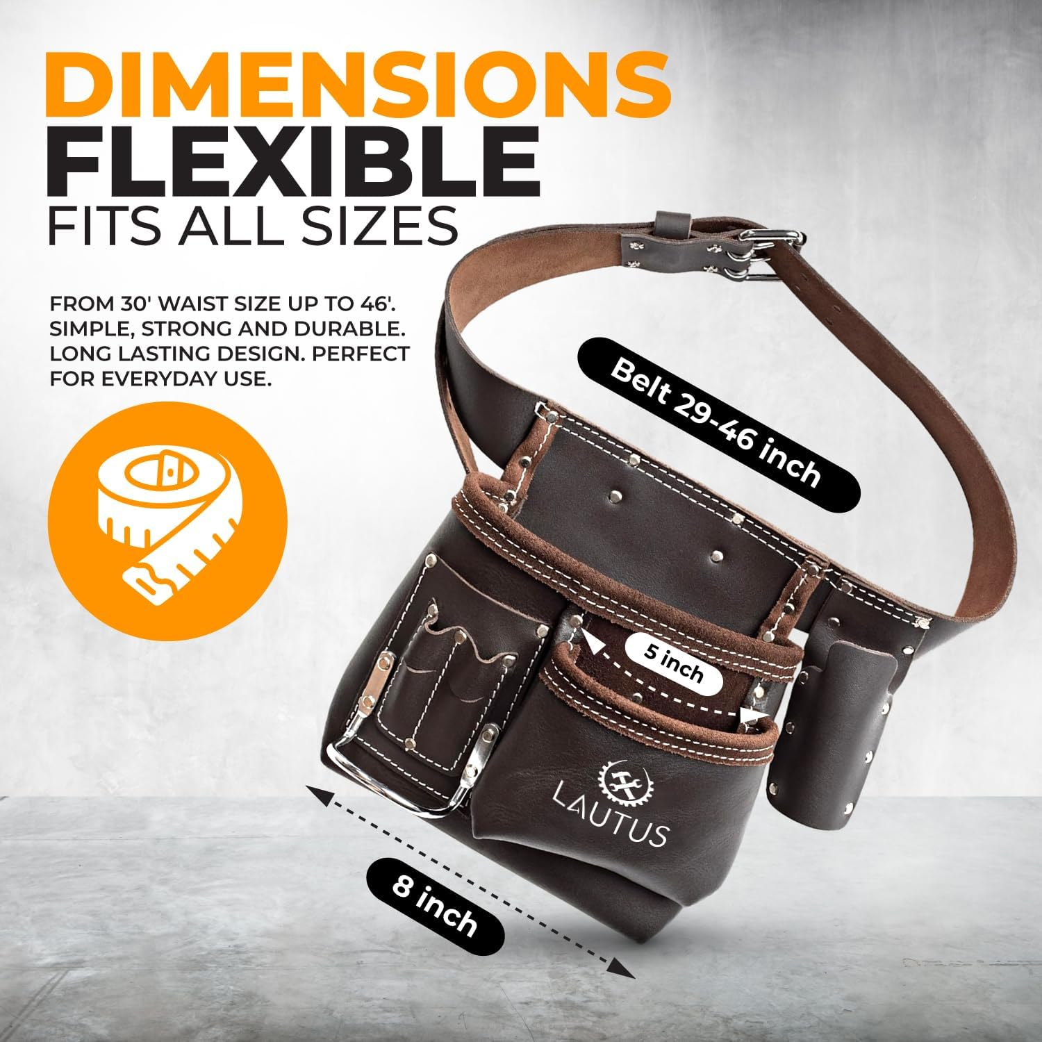 LAUTUS 5 Pocket Oil Tanned Tool Belt/Pouch/Bag/Apron Carpenter, Construction, Framers, Handyman, Electrician | 32-Inch to 46-Inch | Brown| Hammer Holder| Built Tough|