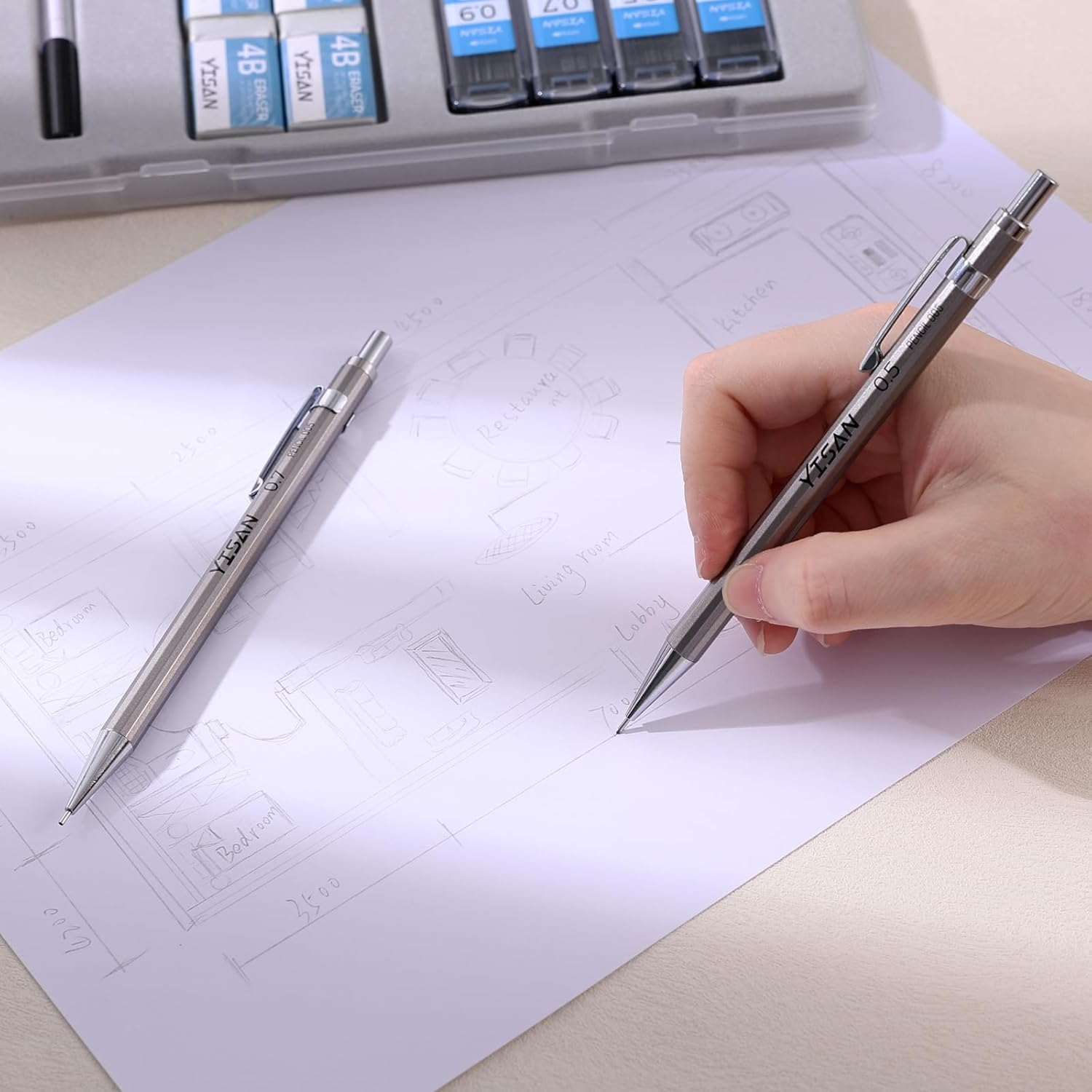YISAN Metal Mechanical Pencil Set 0.3 & 0.5 & 0.7 & 0.9Mm,Automatic Pencil,Lead Pencils 4 PCS with Erases and HB Lead Refills for School Writing,Skeching,Drawing,70726 image number 3