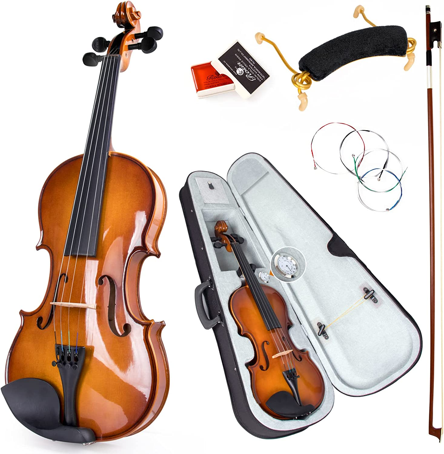 Kmise 4/4 Full Size Set, 4 Solid Wood Fiddle for Adults Beginners Students Kids, with Hard Case with Hygrometer, Violin Bow, Shoulder Rest, Extra Strings (MI3415) image number 1