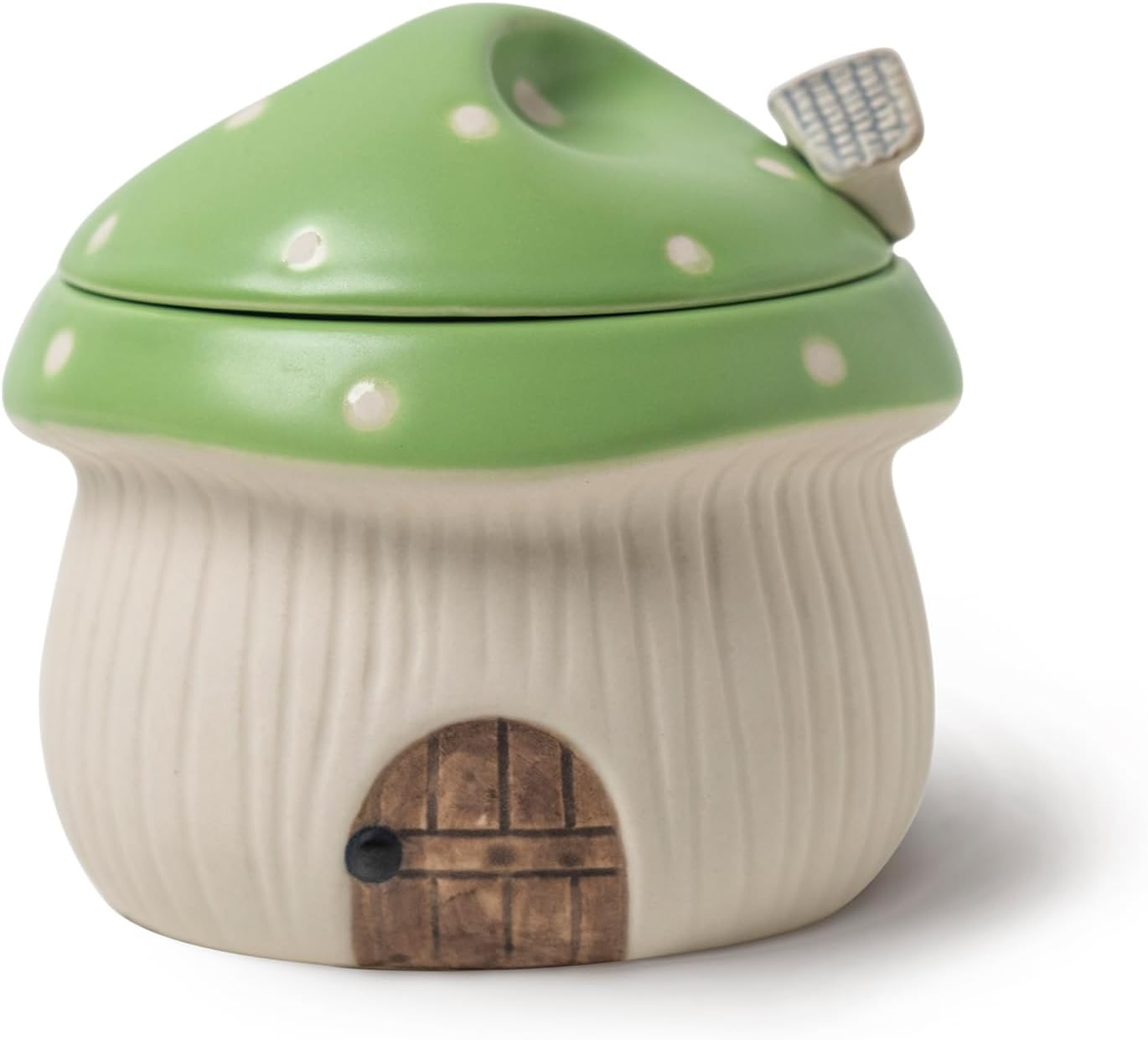 RESVUGA Ceramic Sugar Bowl with Lid & Spoon, Cute Mushroom House Design. Porcelain Seasoning Storage Jar, 14 Ounces. (Yellow)