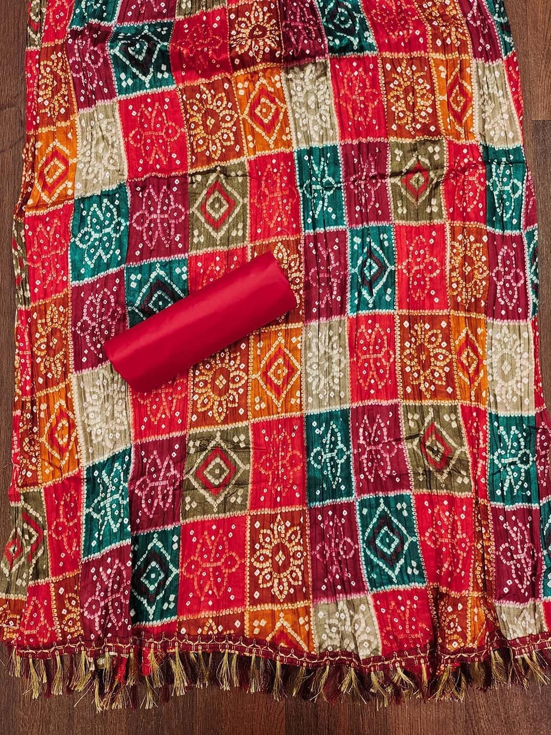 Sidhidata Women'S Poly Cotton Embroidery Work Unstitched Salwar Suit Dress Material with Bandhej/Bandhani Print Dupatta (Free Size) - D Red image number 5