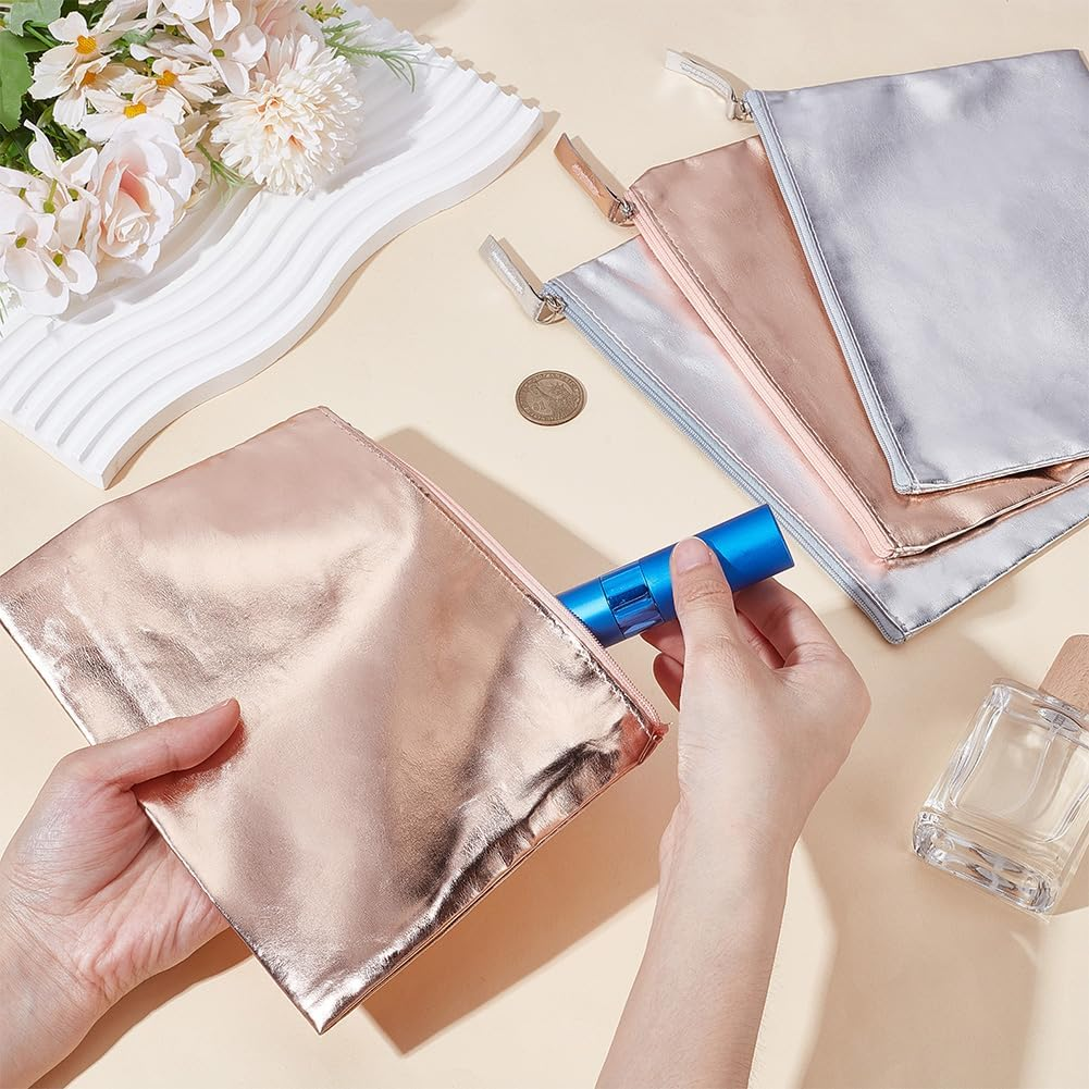 PLIGREAT 4 Pack Mini Makeup Bags, Silver Cosmetic Pouch with Zipper Small Champagne PU Travel Bag for Purse 21X15 Cm Waterproof Wristlet Wallet for Women Coin Key Holders, 2 Colors image number 4
